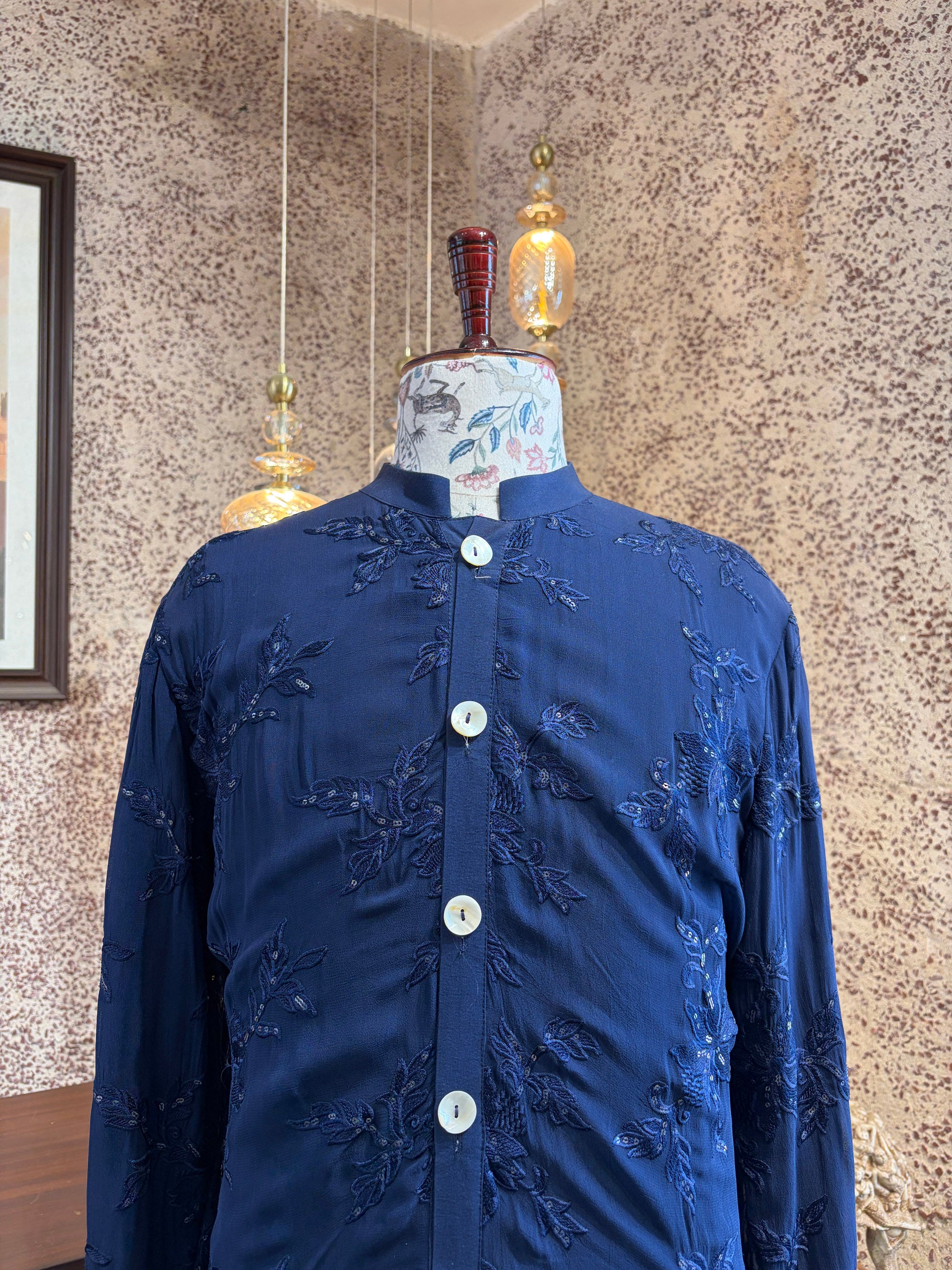 Navy Blue Floral Thread Embroidered Cotton Silk Kurta Set for Men | Sufian by AVK