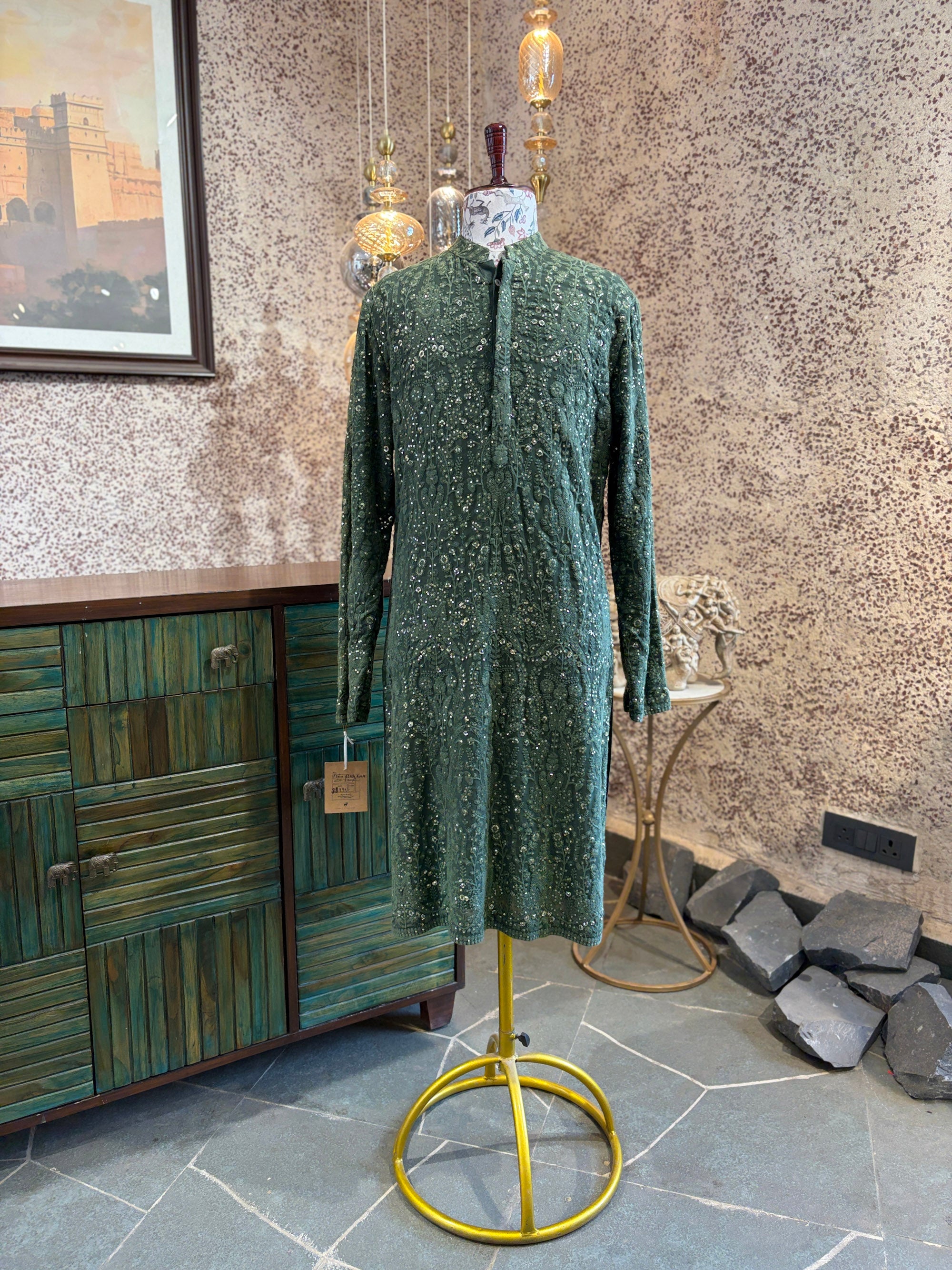 Olive Green Floral Thread Embroidered Kurta Set for Men | Aftaab by AVK
