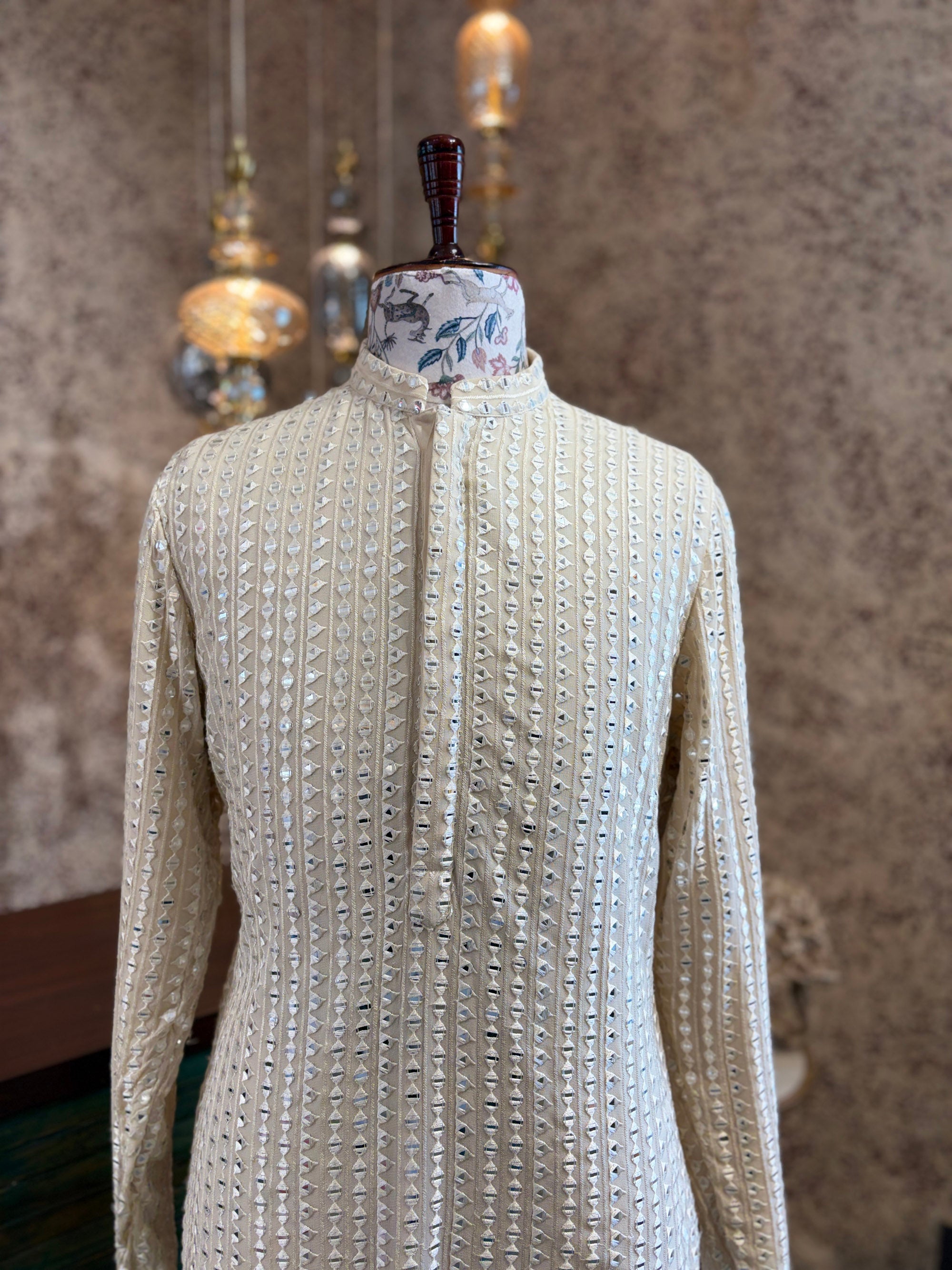 Champagne Gold Mirror Work Kurta Set for Men | Yasir by AVK