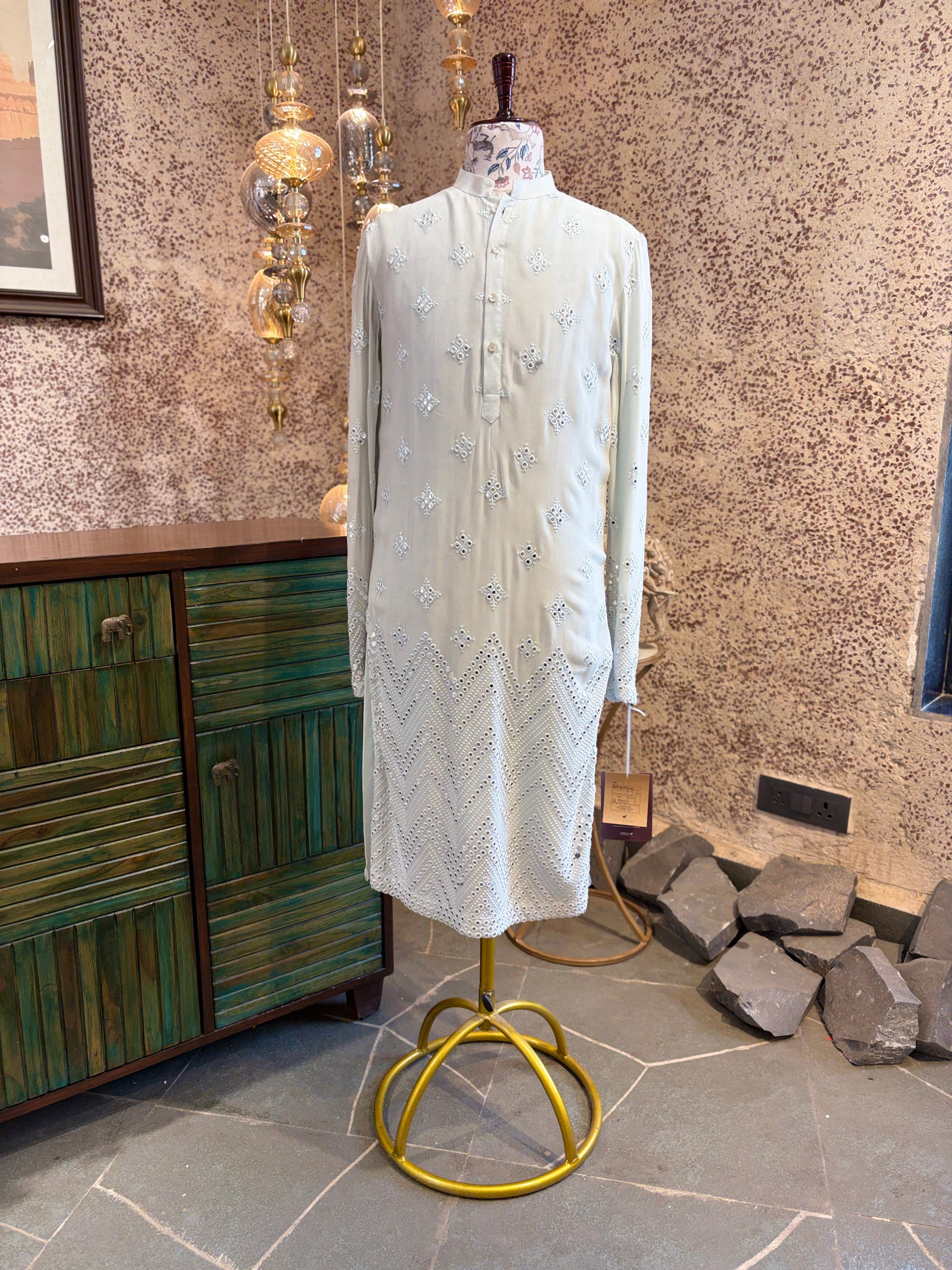 Powder Blue Mirror Work Kurta Set for Men | Bahawalpur by AVK