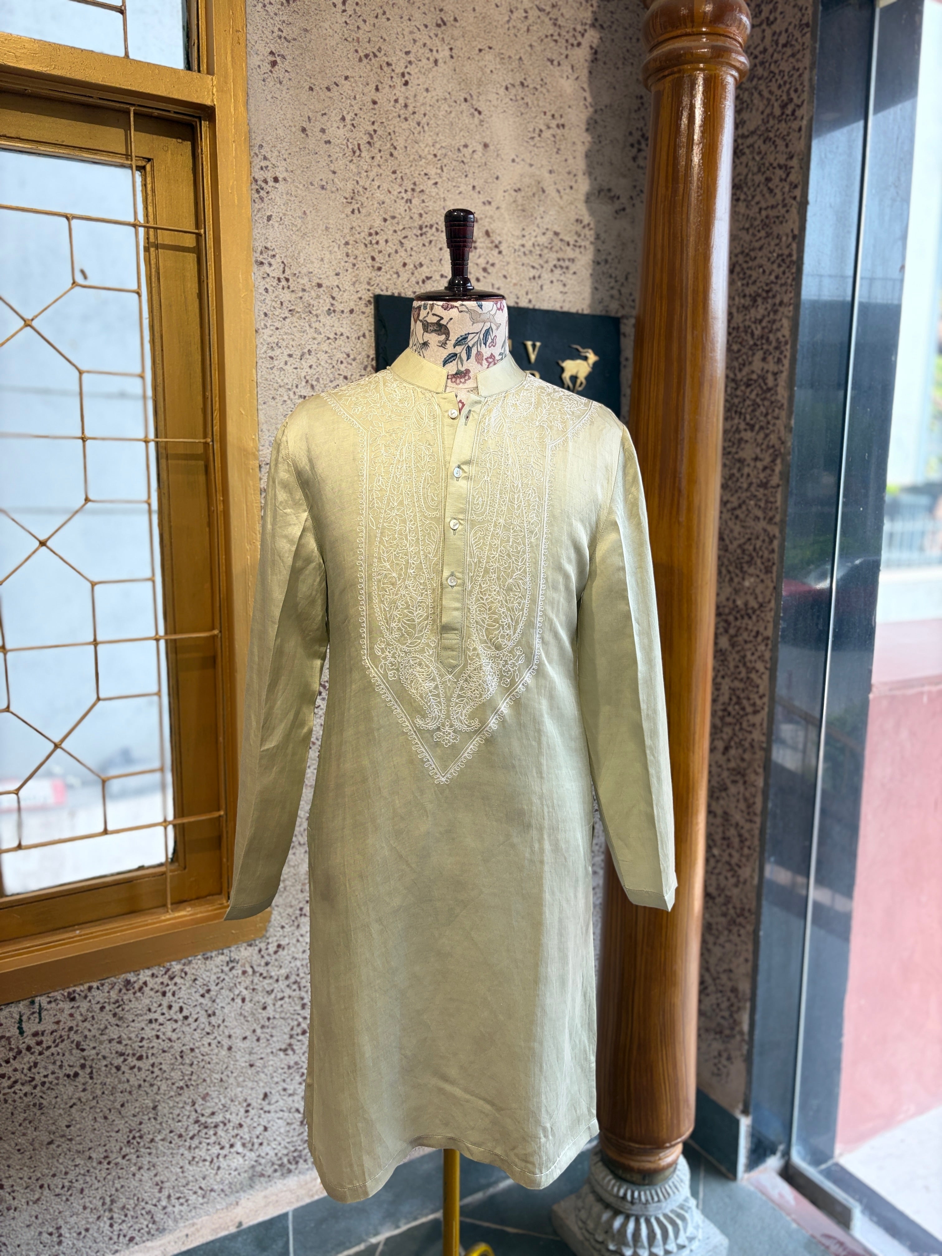 Mint Green Linen Silk Hand-Embroidered Kurta Set for Men | Lahore by AVK