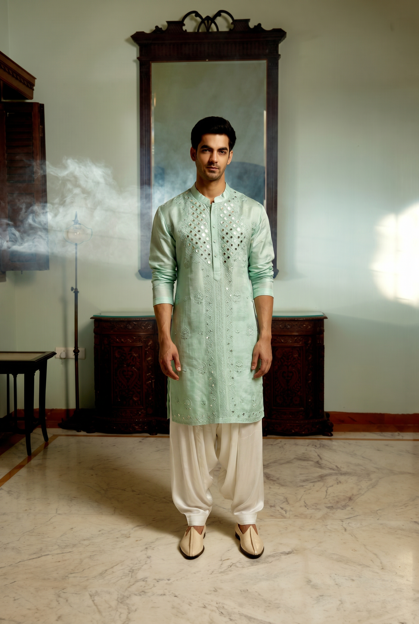Pastel mint green mens kurta with silver mirror embroidery - luxury Indian ethnic wear for weddings and mehendi