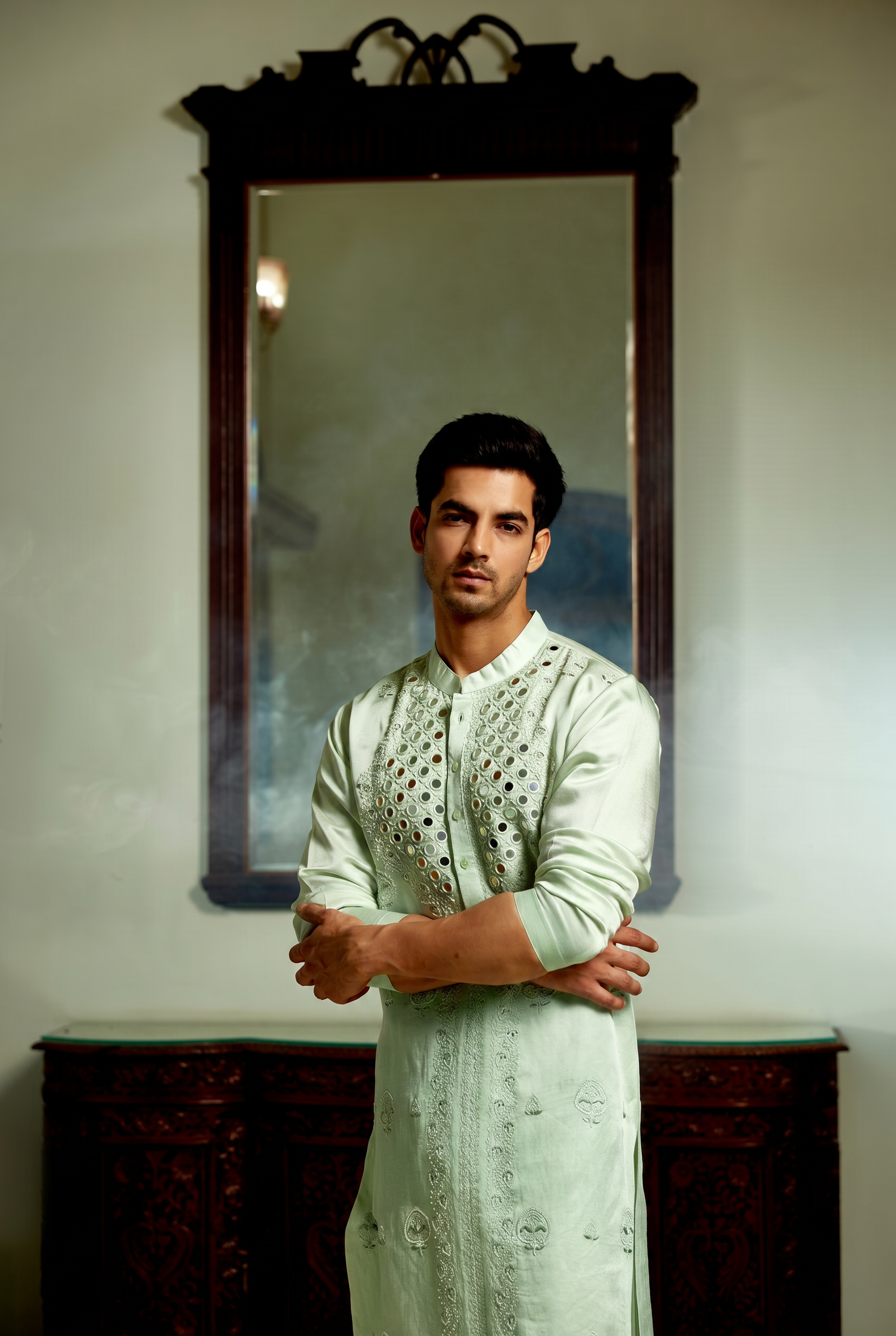 Daniyal mint green kurta detail view - tonal thread and mirror work by AVK atelier New Delhi