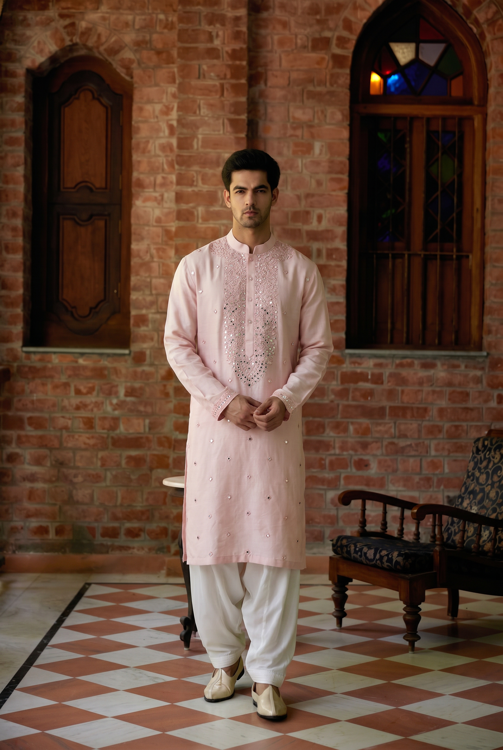 Powder pink kurta for men with mirror work and cuff embroidery - Mansoor Kurta in Bamberg linen silk by Ankit V Kapoor