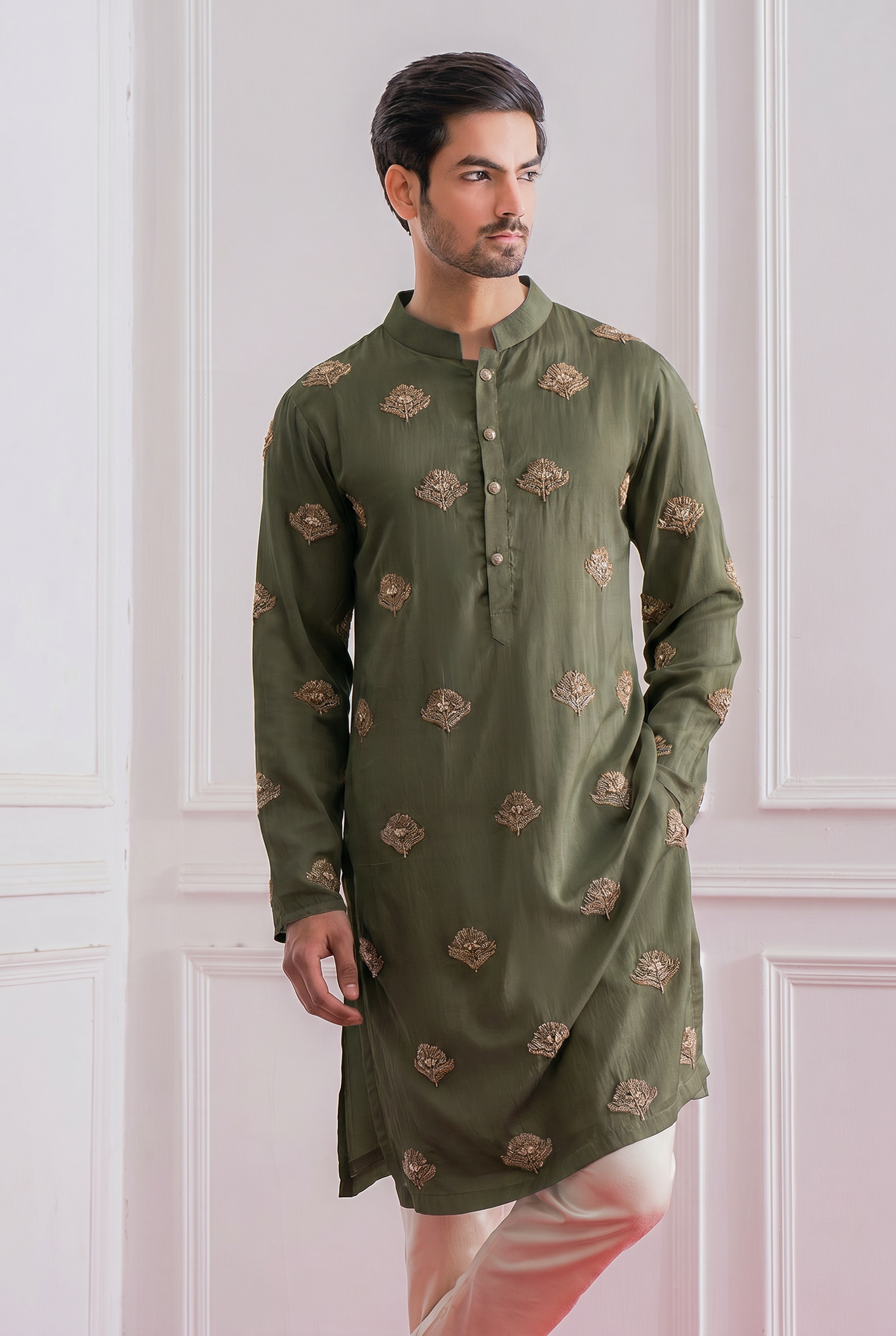 Military green kurta set for men with Naksi and Dabka hand embroidery - Wazirabad Kurta Set in Bamberg linen silk by Ankit V Kapoor