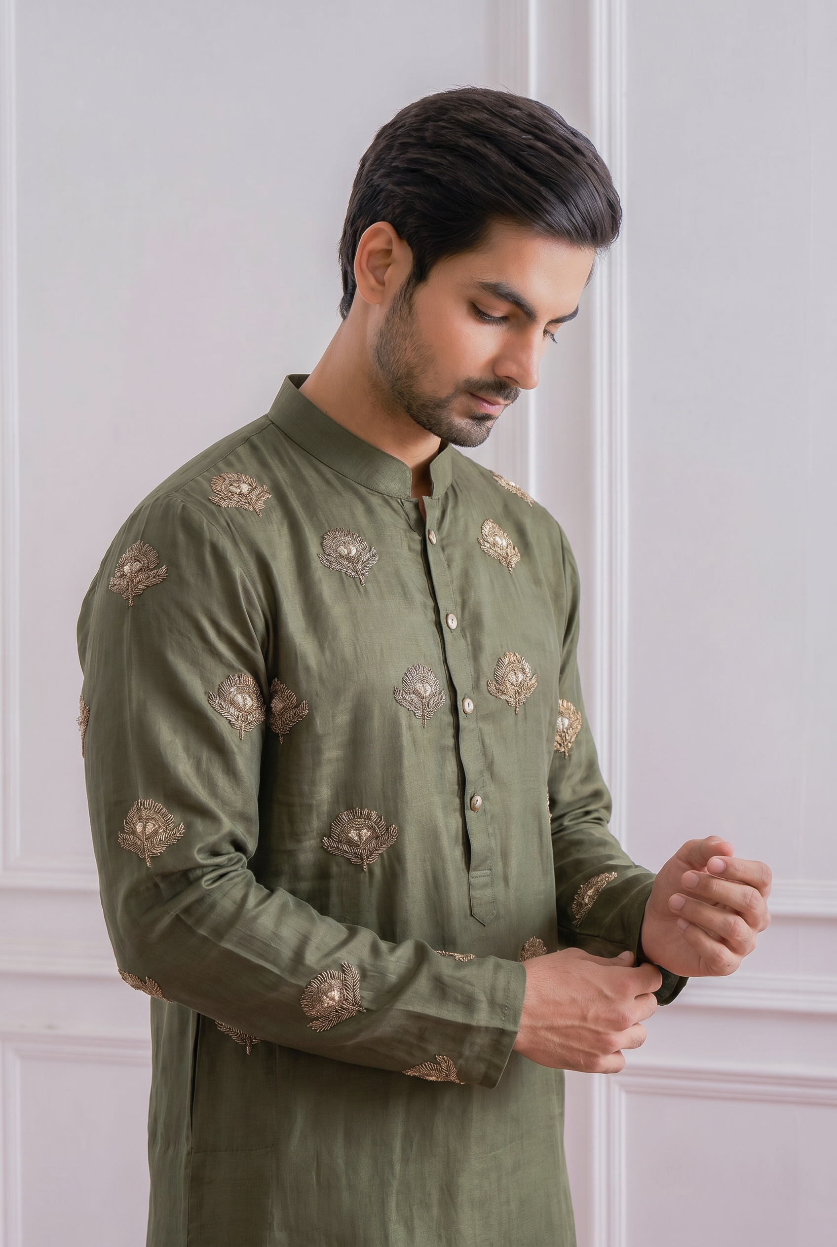 Olive military green mens kurta with bead and metallic Dabka work - luxury Indian ethnic wear for weddings and mehendi
