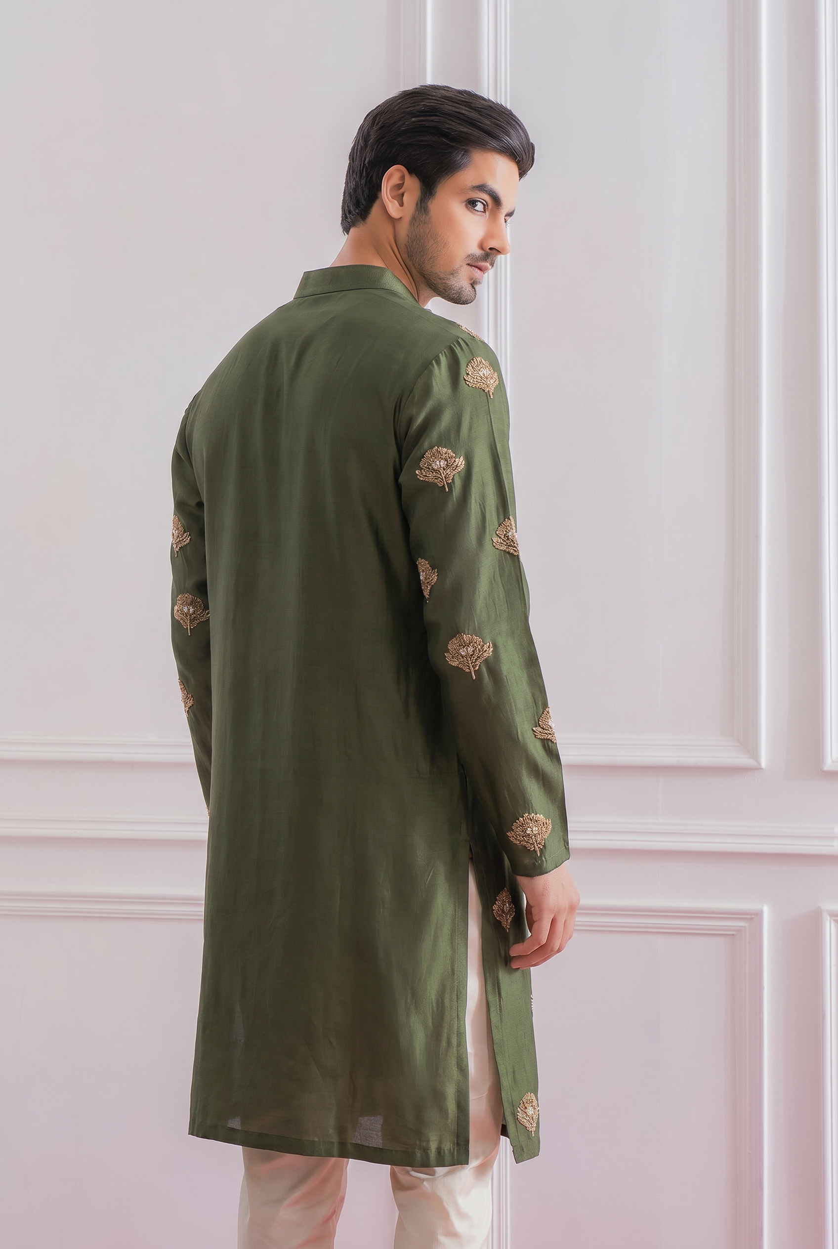 Wazirabad military green kurta set detail view - fine hand embroidery by AVK atelier New Delhi