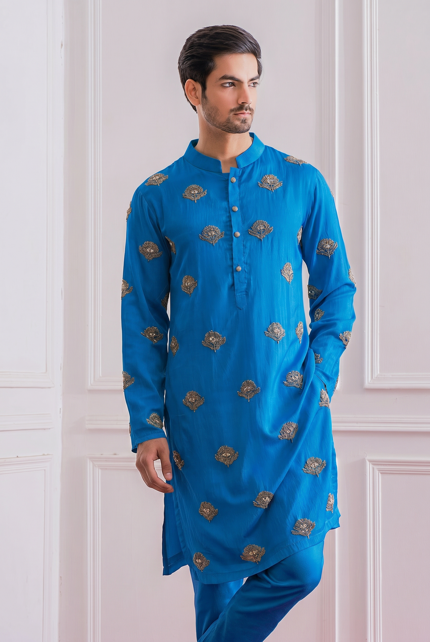 Azure blue kurta set for men with Naksi and Dabka hand embroidery - Wazirabad Kurta Set in Bamberg linen silk by Ankit V Kapoor