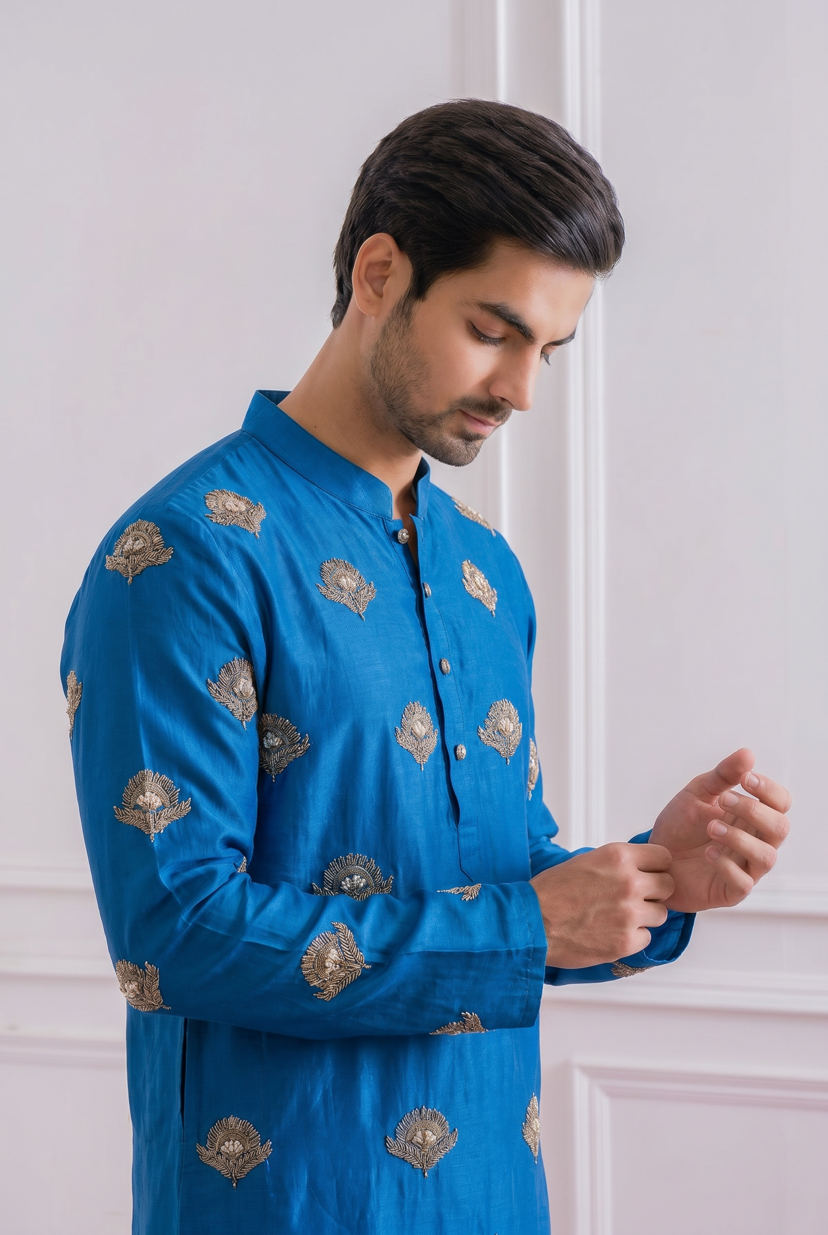 Royal azure blue mens kurta with bead and metallic Dabka work - luxury Indian ethnic wear for weddings and festive evenings