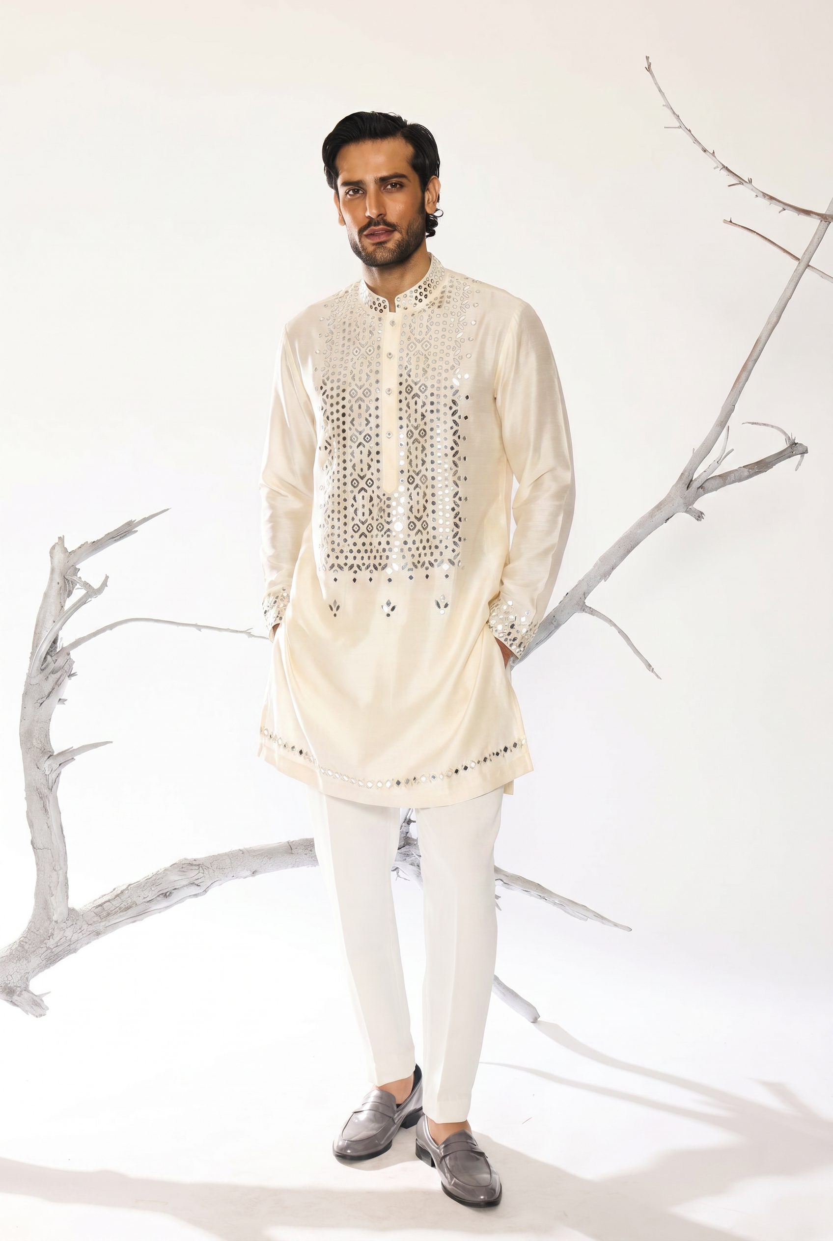 Ivory kurta for men with mirror embellishments and leather patch detailing - Safed-Gul Kurta in linen silk by Ankit V Kapoor