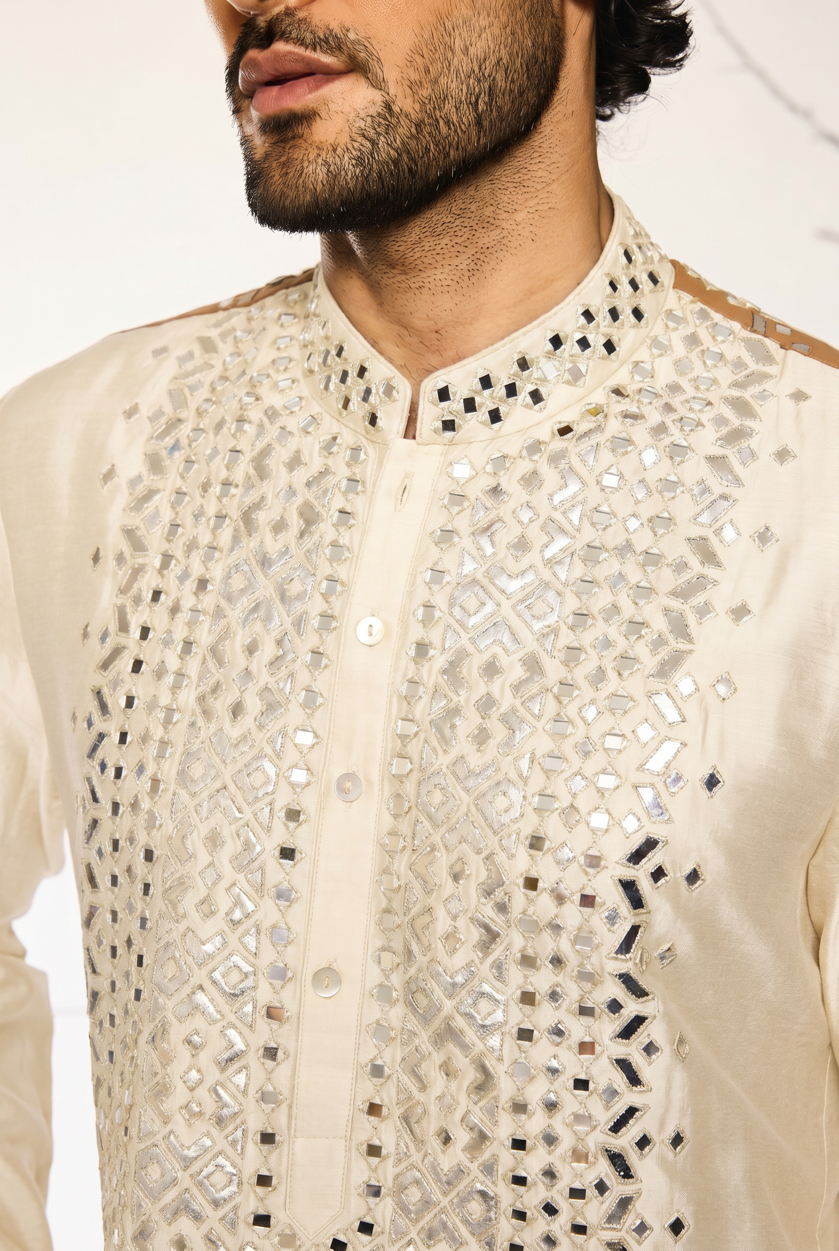 Cream ivory mens kurta with original mirror work and leather patches - luxury Indian ethnic wear for weddings and festive evenings