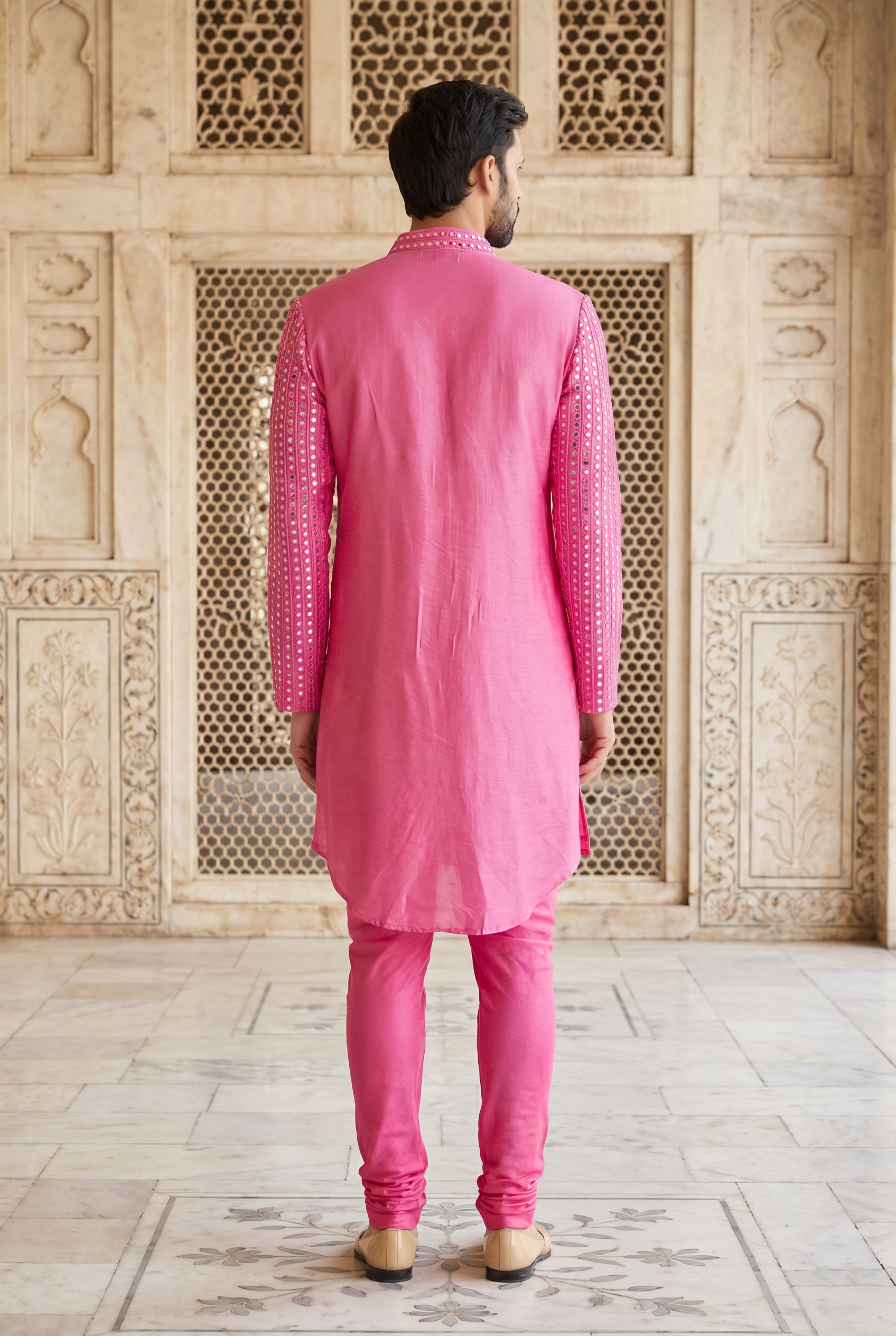 Hot Pink Mirror Work Embroidered Kurta Set for Men | Yasir (Hot Pink) by AVK