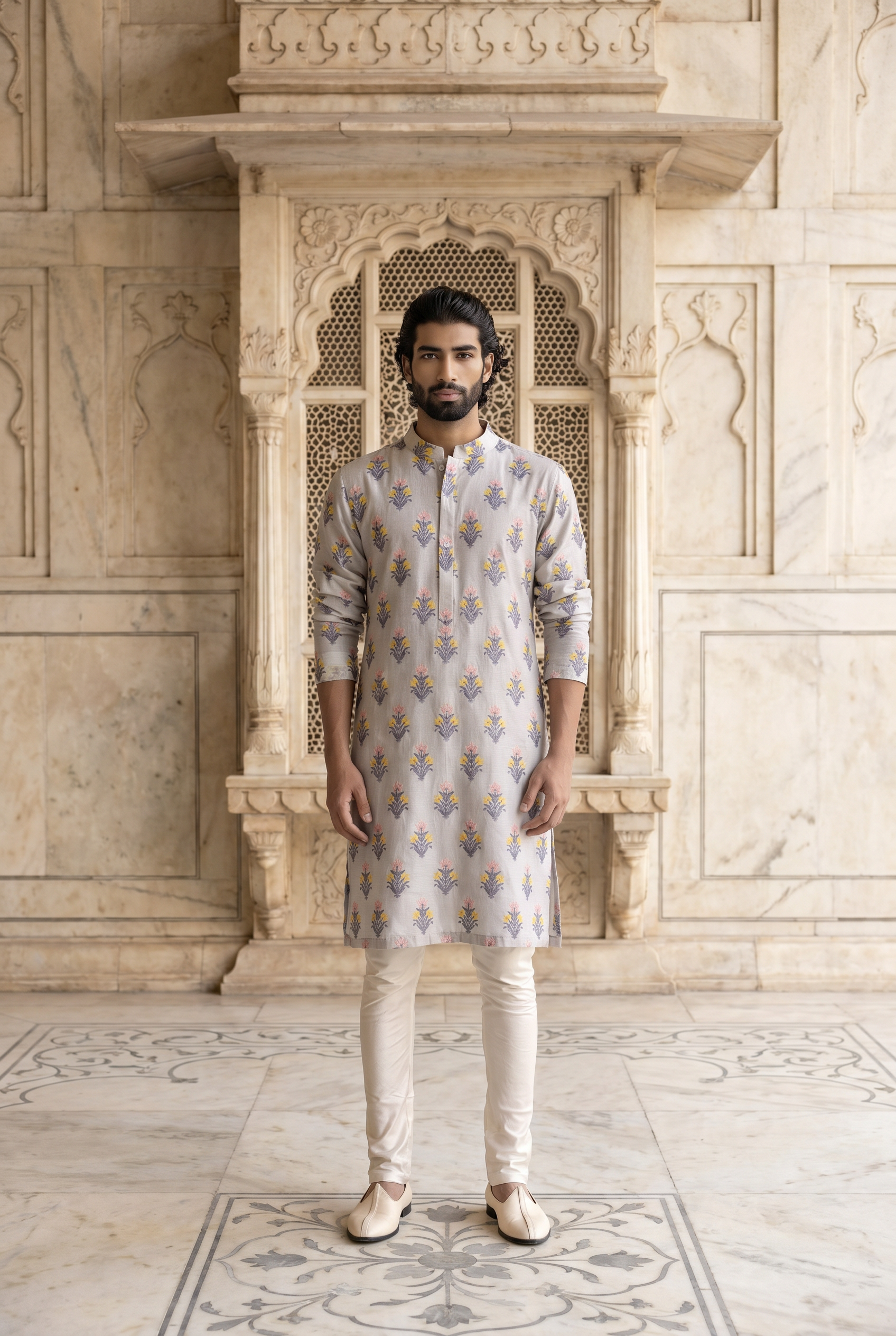 Grey Phulkari Embroidered Cotton Silk Kurta Set for Men | Ashar (Grey) by AVK
