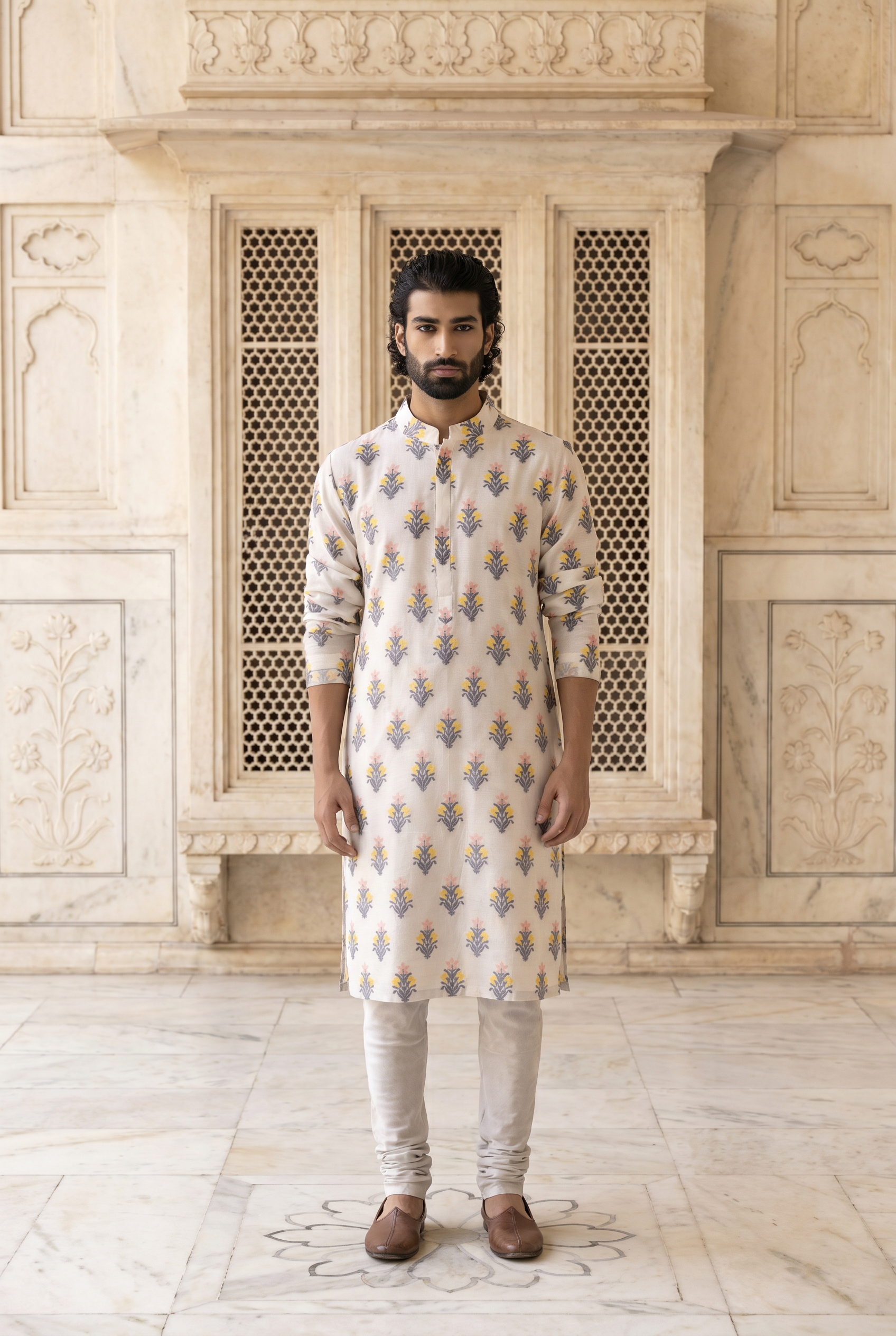 Grey Phulkari Embroidered Cotton Silk Kurta Set for Men | Ashar (Grey) by AVK