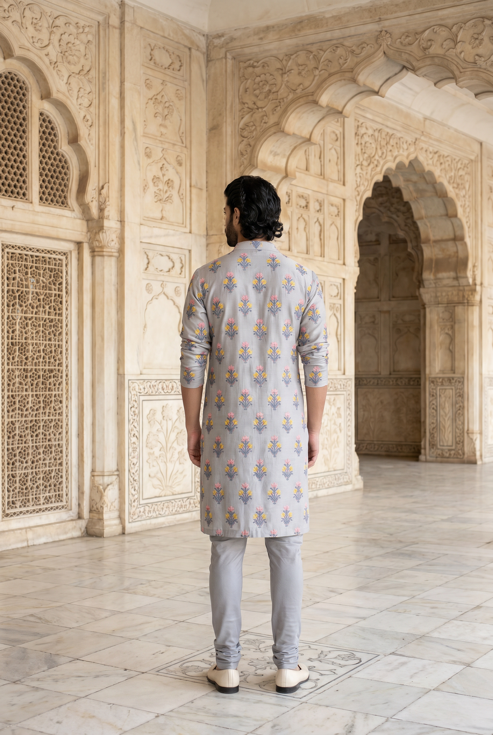 Grey Phulkari Embroidered Cotton Silk Kurta Set for Men | Ashar (Grey) by AVK