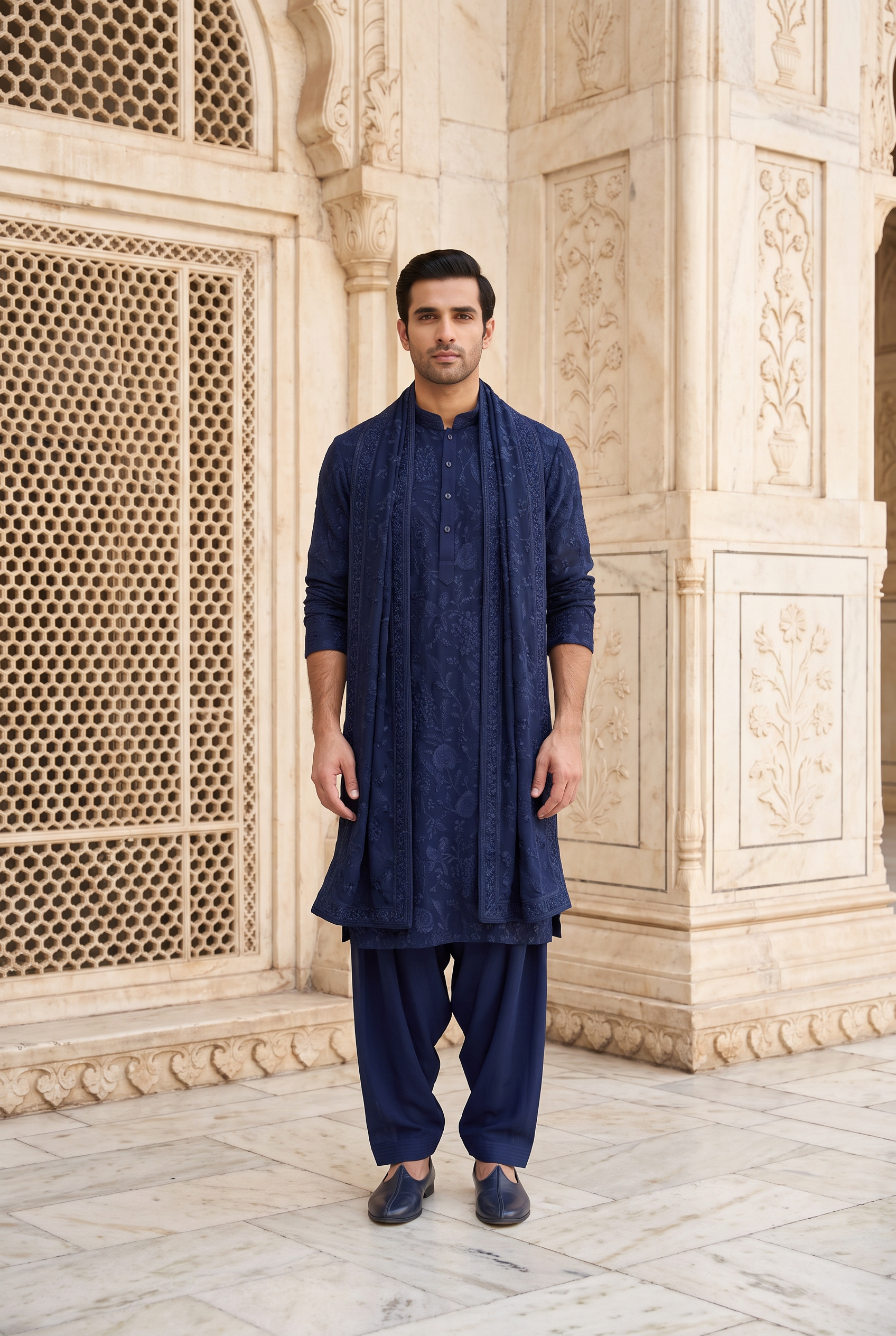Navy blue embroidered kurta set for men - Neelkanth georgette kurta for reception and sundowner wedding, luxury Indian menswear by Ankit V Kapoor