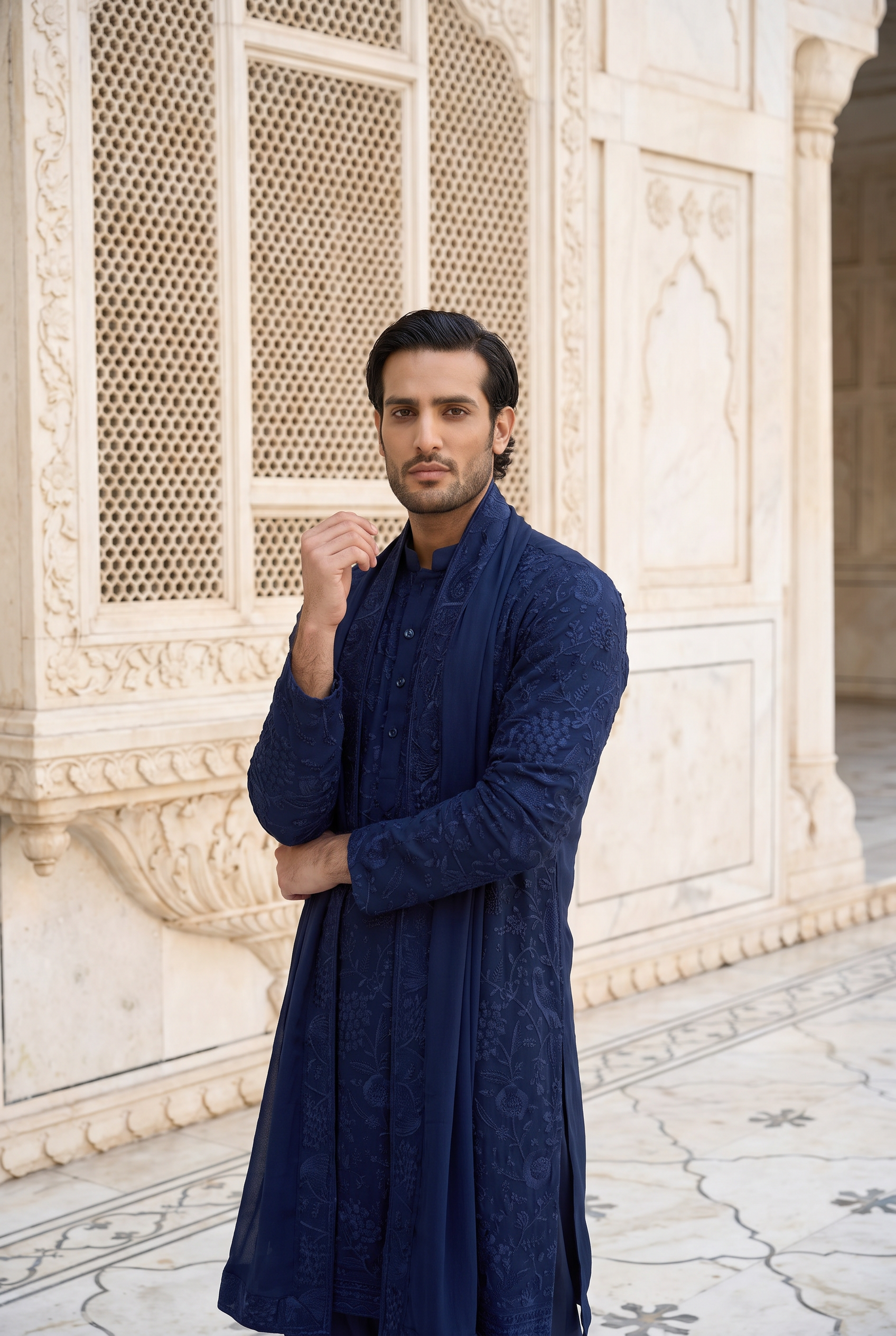 Neelkanth navy kurta set for men with bird motif embroidery and matching stole - engagement and roka menswear by AVK, made to measure in Delhi