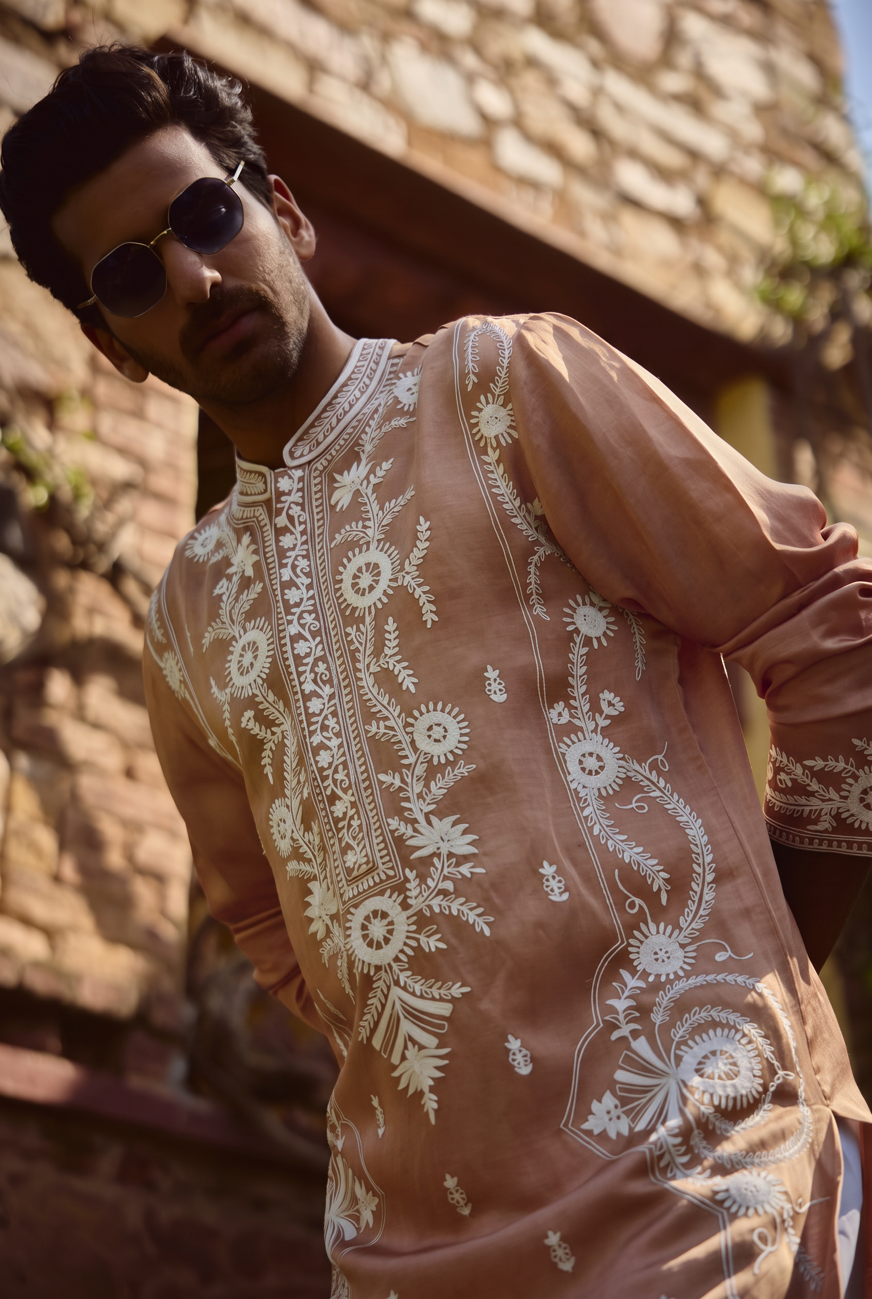Blush rose gold mens kurta with Banaras thread work - luxury Indian ethnic wear for haldi, mehendi and day weddings