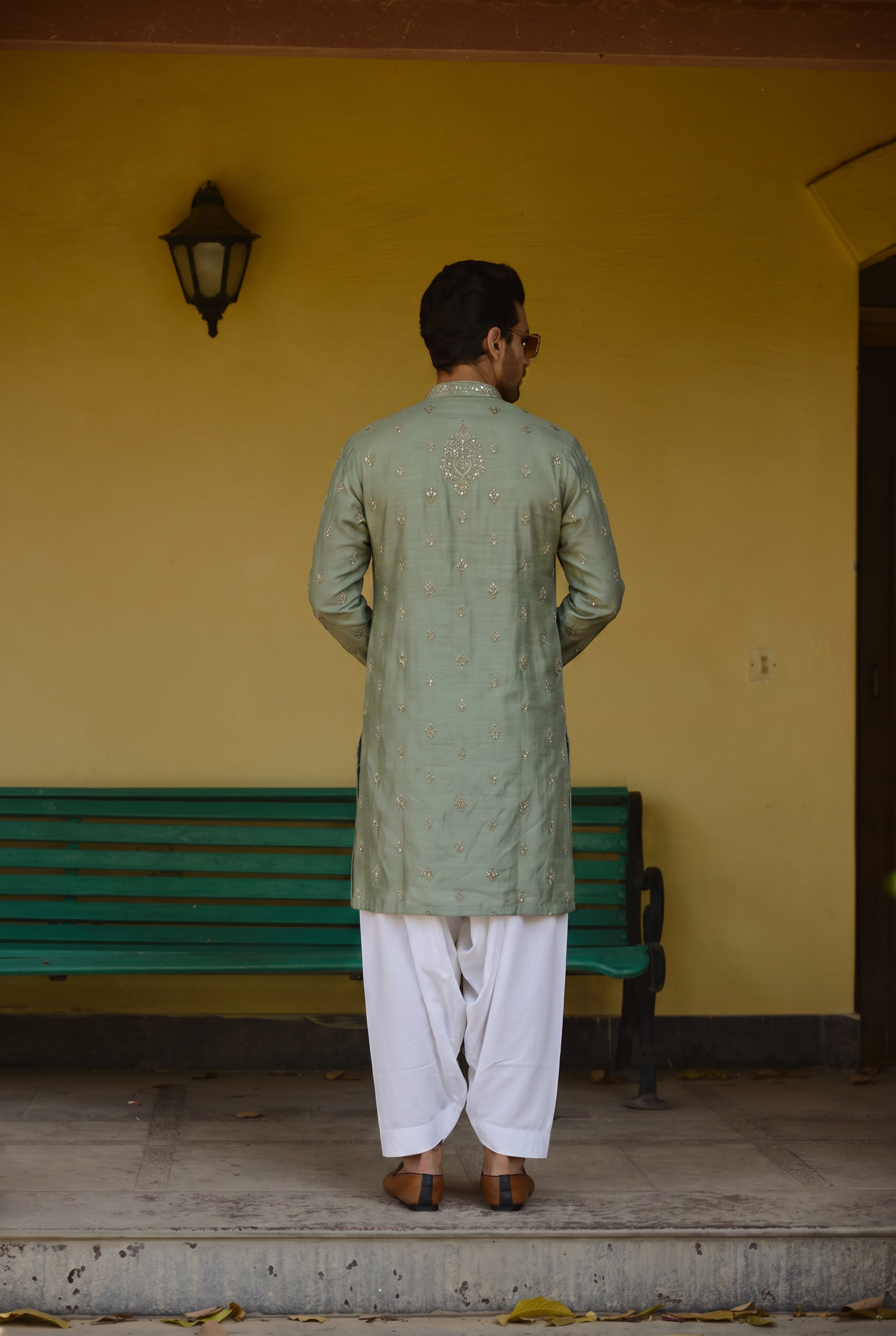 Kapurthala sage green kurta detail view - thread, Dabka and cutdana embroidery by AVK atelier New Delhi