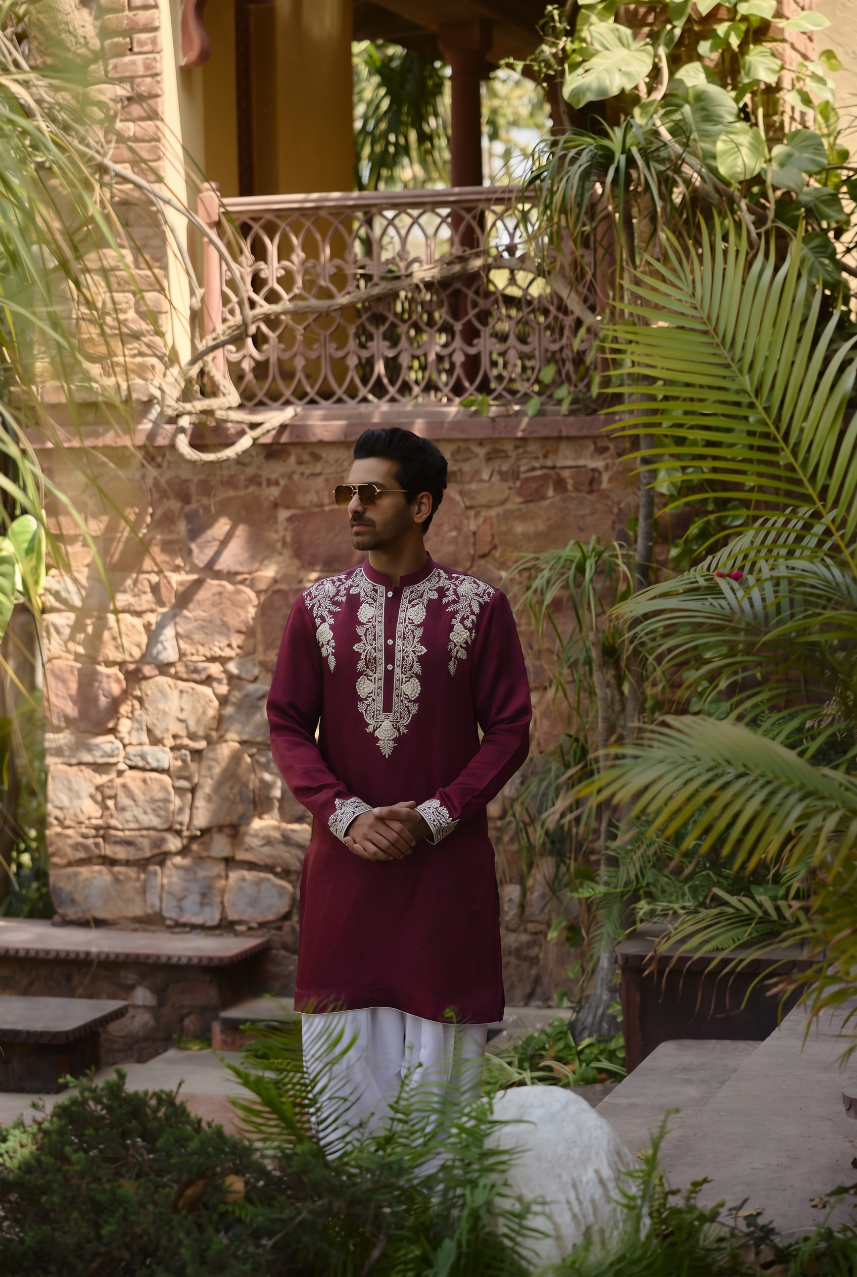 Deep wine burgundy kurta for men with gold Dabka cutdana embroidery - Kapurthala Kurta in Bamberg linen silk by Ankit V Kapoor