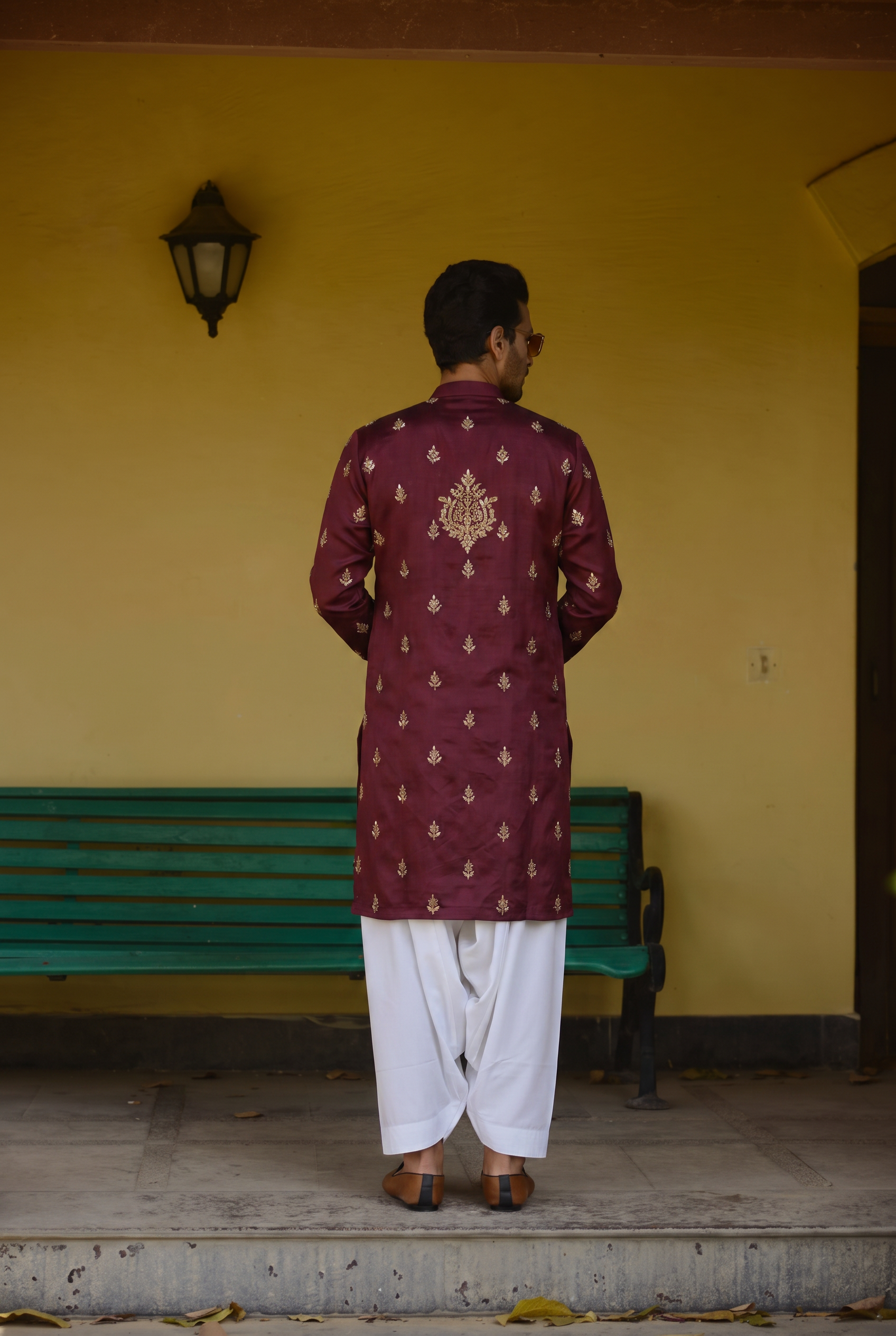 Kapurthala deep wine kurta detail view - gold and silver Dabka cutdana work by AVK atelier New Delhi