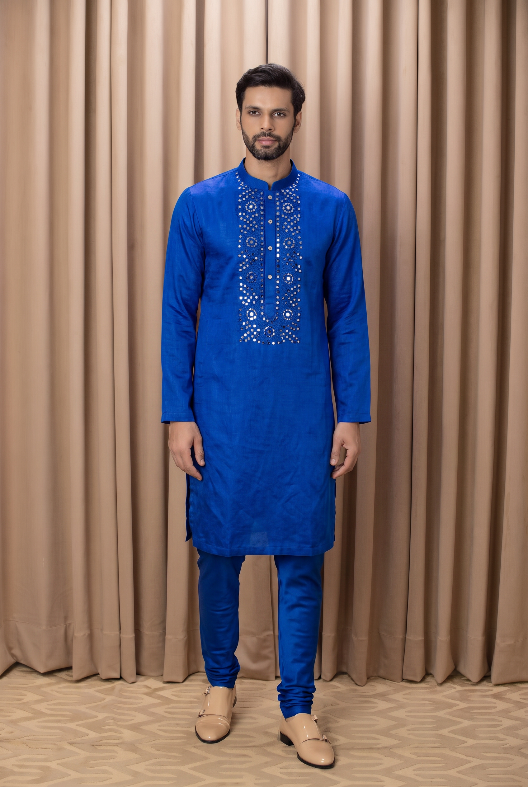 Cobalt blue mirror work linen silk kurta set for men - Kian by AVK with neckline mirror embroidery for sangeet