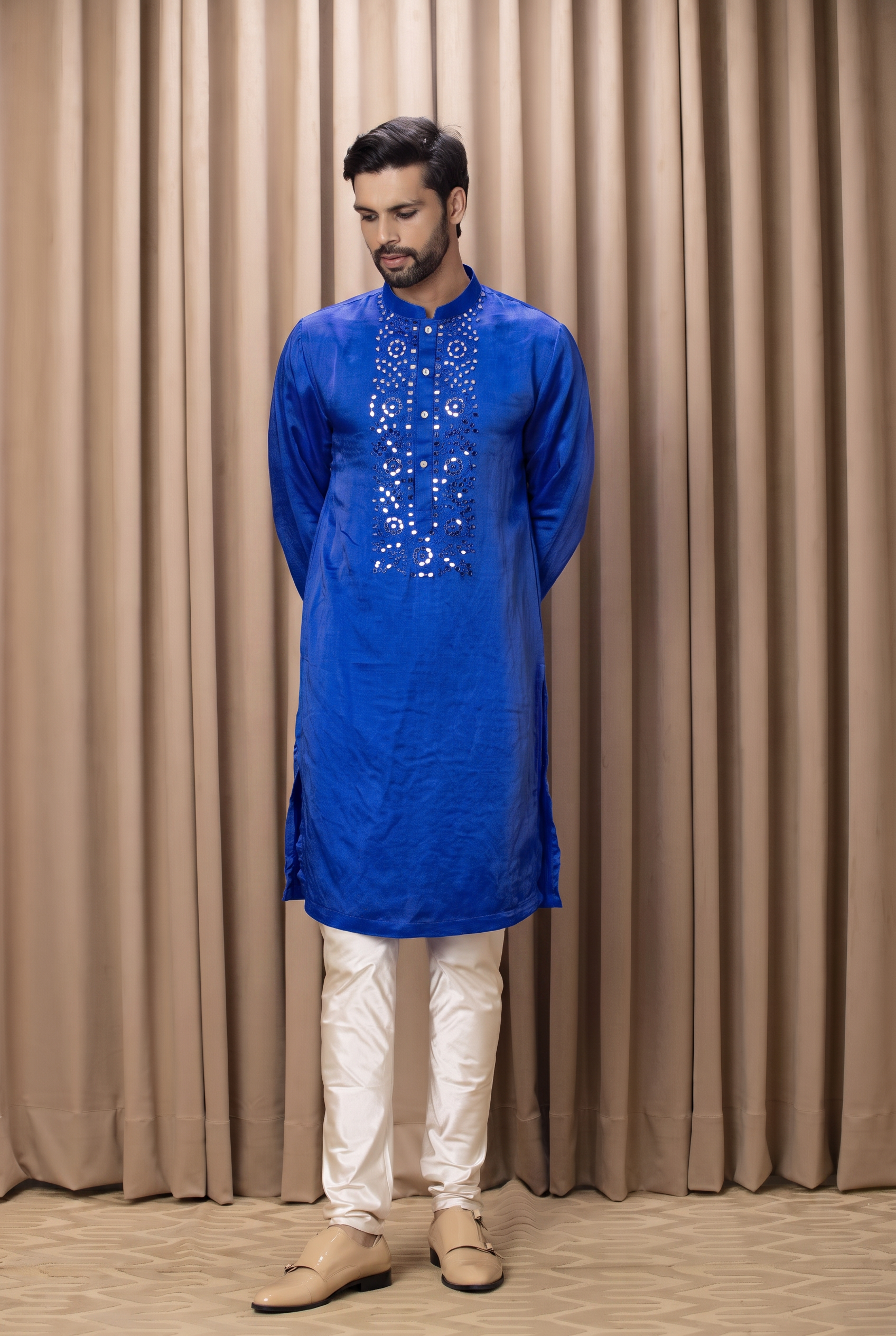 Royal cobalt blue mens kurta with silver mirror work and matching churidaar - luxury Indian sangeet and cocktail wear by Ankit V Kapoor
