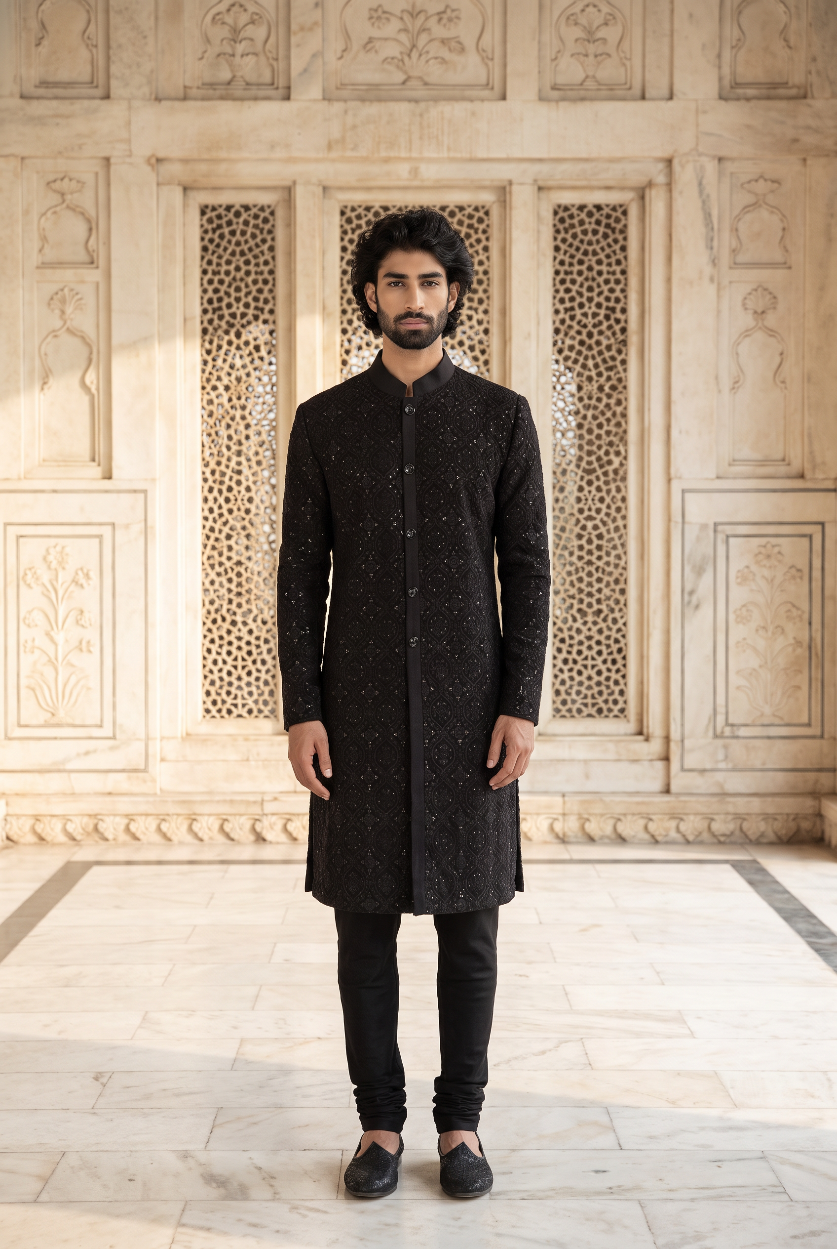 Black Thread Embroidered Cotton Silk Kurta Set for Men | Umair (Black) by AVK