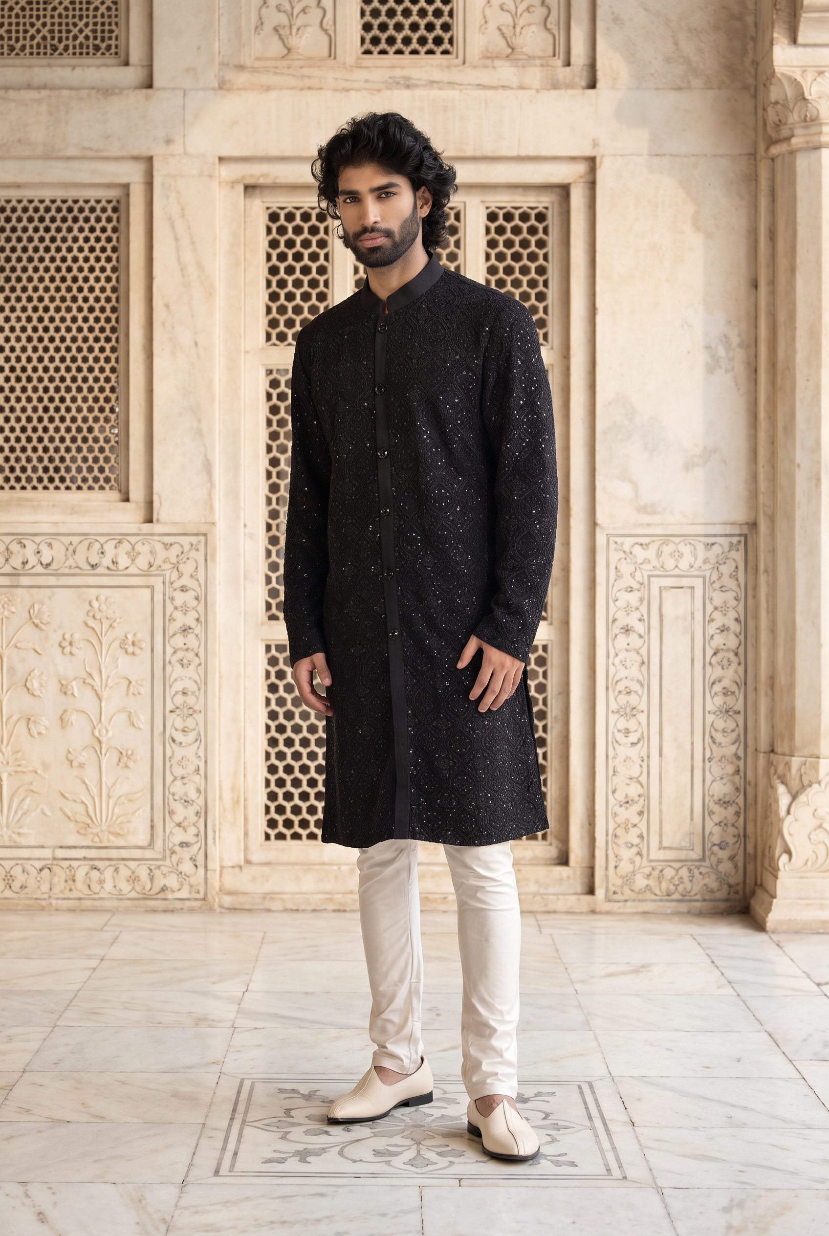 Black Thread Embroidered Cotton Silk Kurta Set for Men | Umair (Black) by AVK