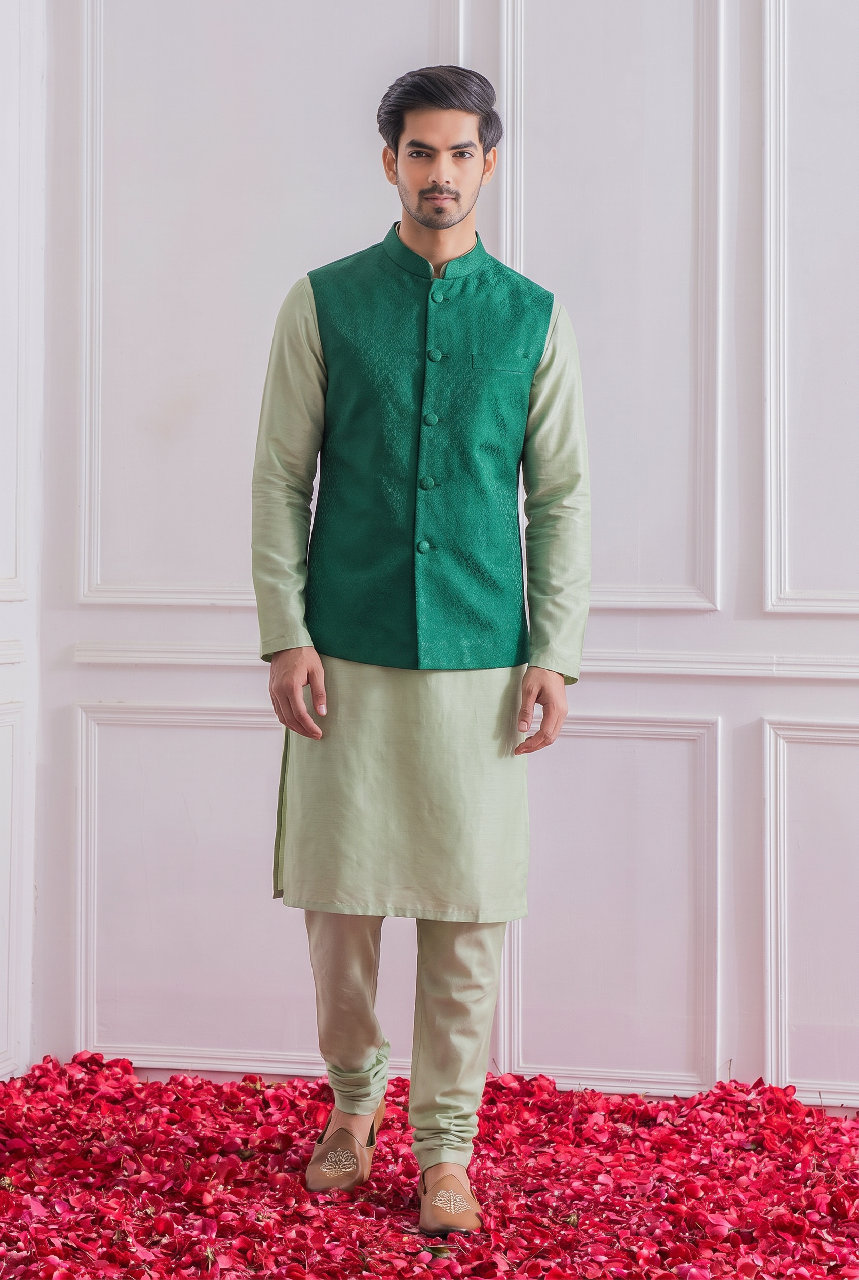 Emerald Green Bandi Set for Men by Ankit V Kapoor - Mirpur Bandi Set