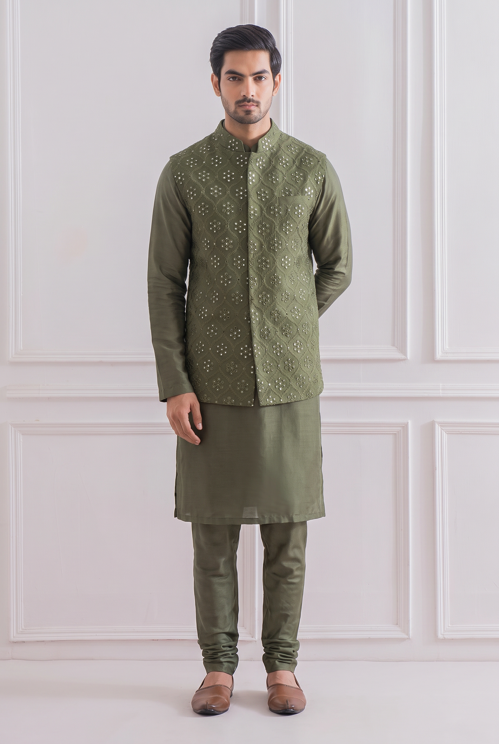 Military Green Bandi Set for Men by Ankit V Kapoor - Hasilpur Bandi Set