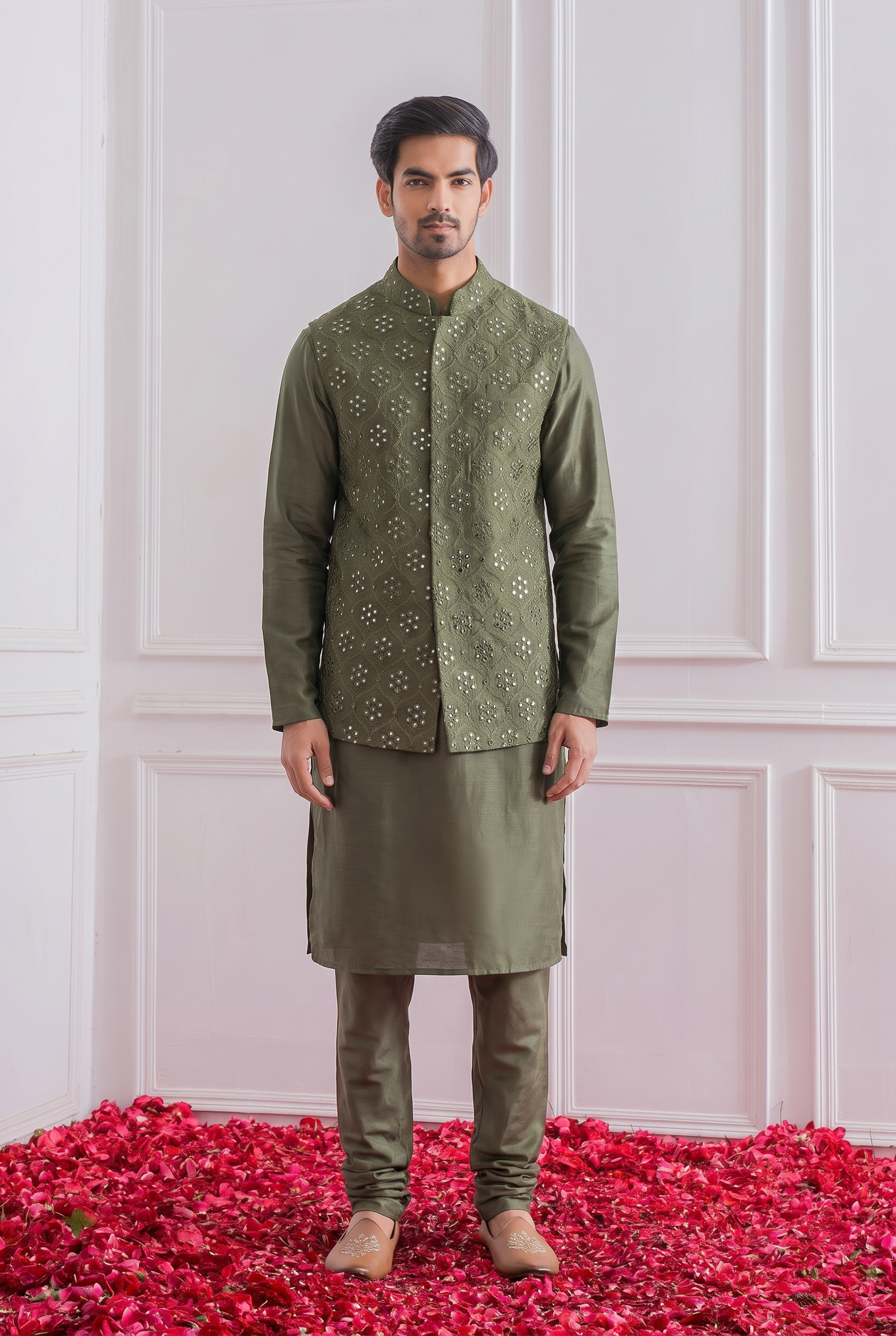 Military Green Bandi Set for Men by Ankit V Kapoor - Hasilpur Bandi Set