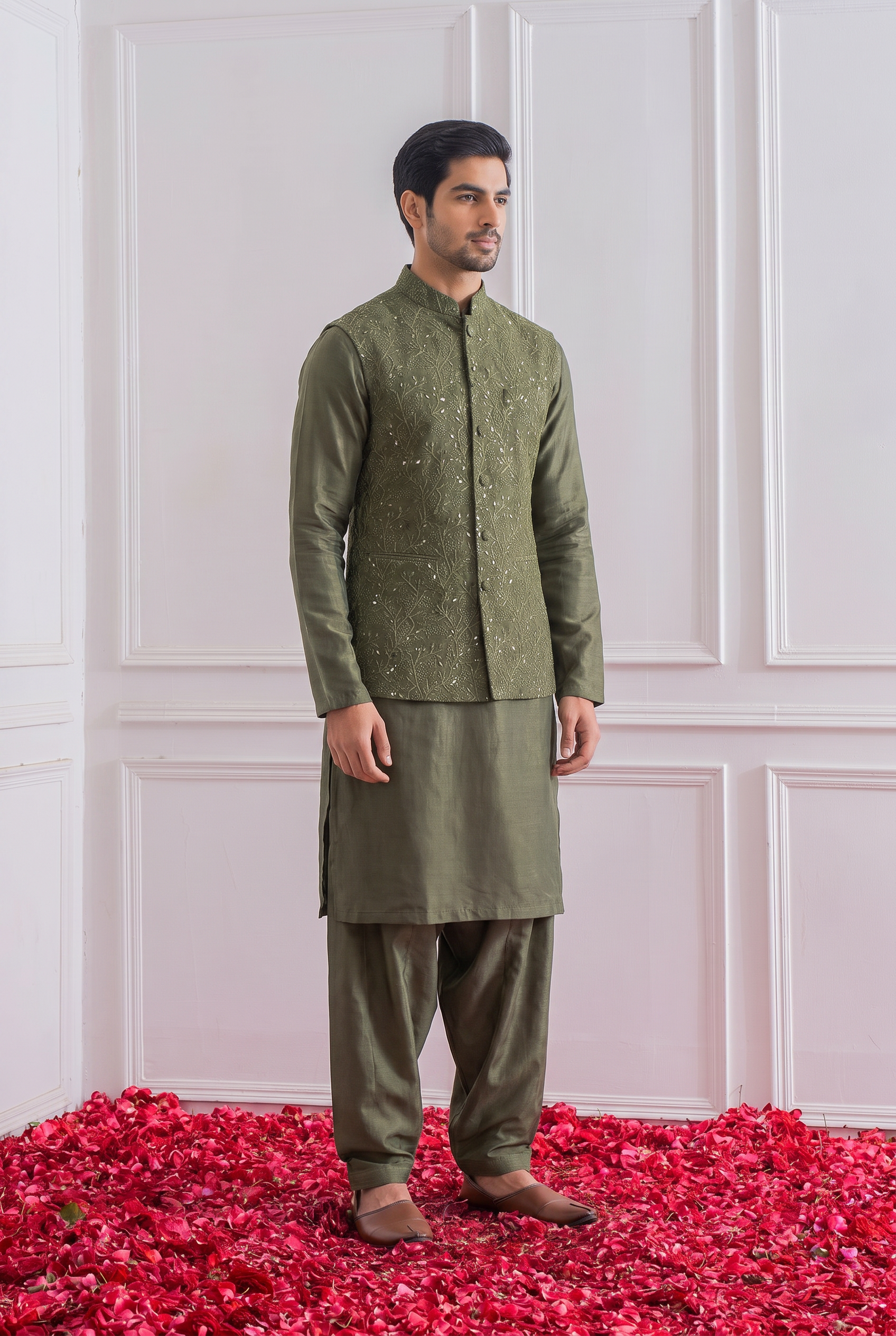 Military Green Bandi Set for Men by Ankit V Kapoor - Hasilpur Bandi Set