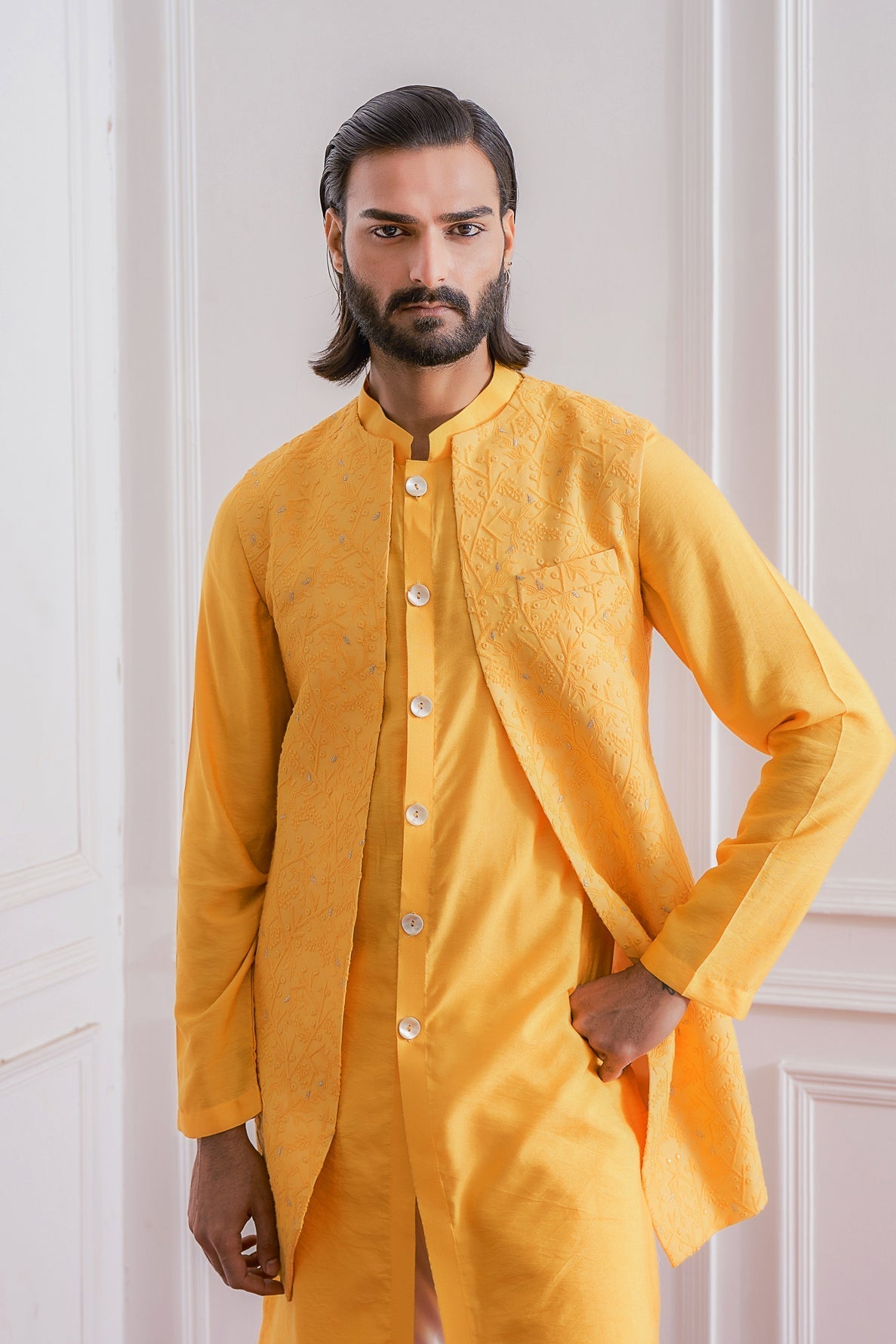 Mustard Yellow Kurta Bandi for Men - Khushab Bandi Set