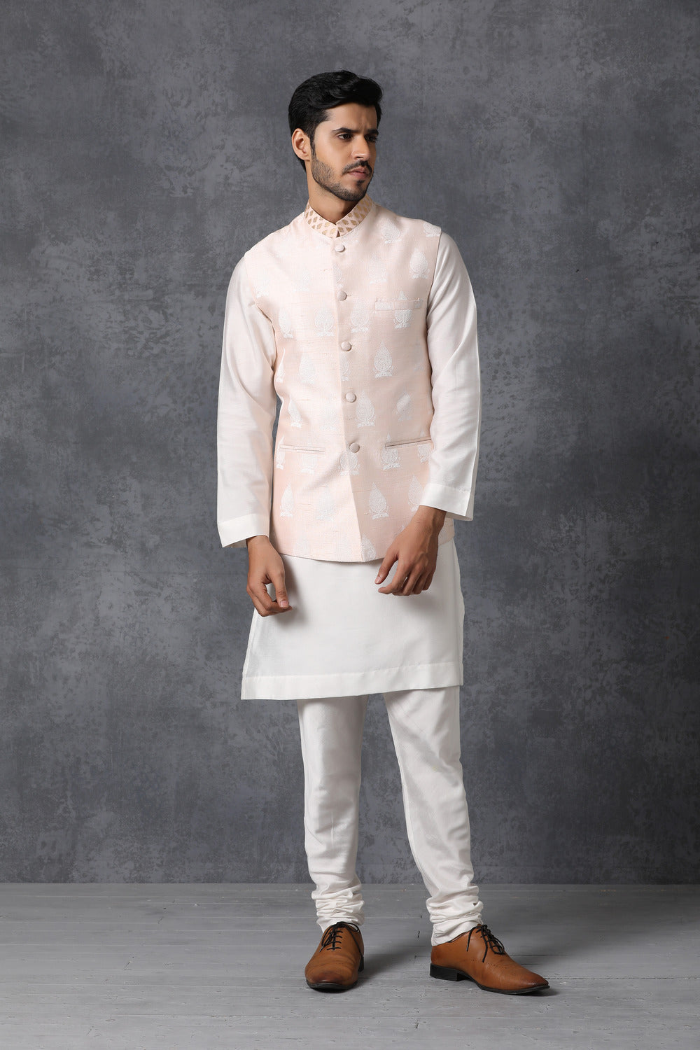 Peach Printed Nehru Jacket