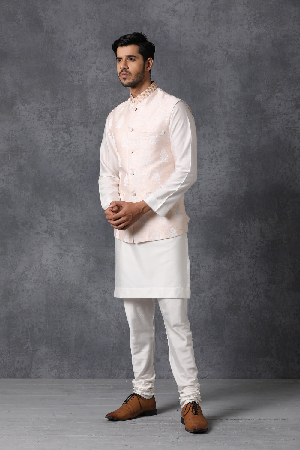 Peach Printed Nehru Jacket