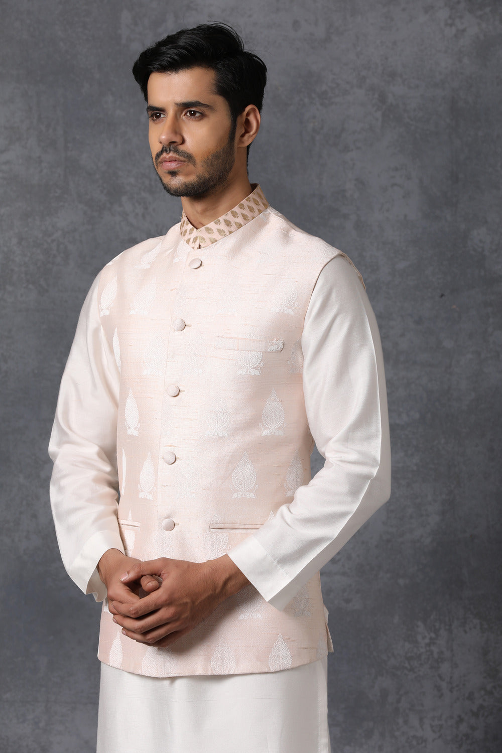 Peach Printed Nehru Jacket