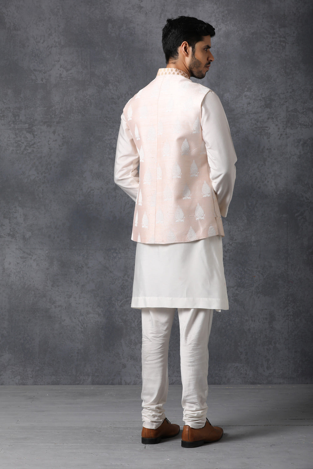 Peach Printed Nehru Jacket