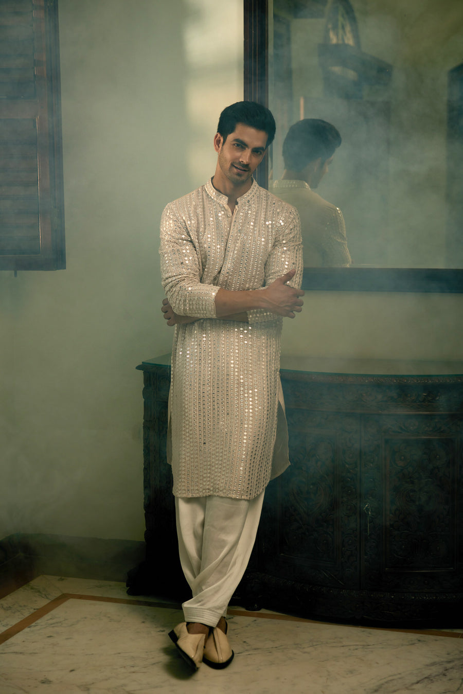 Champagne Gold Mirror Work Kurta Set for Men | Yasir by AVK