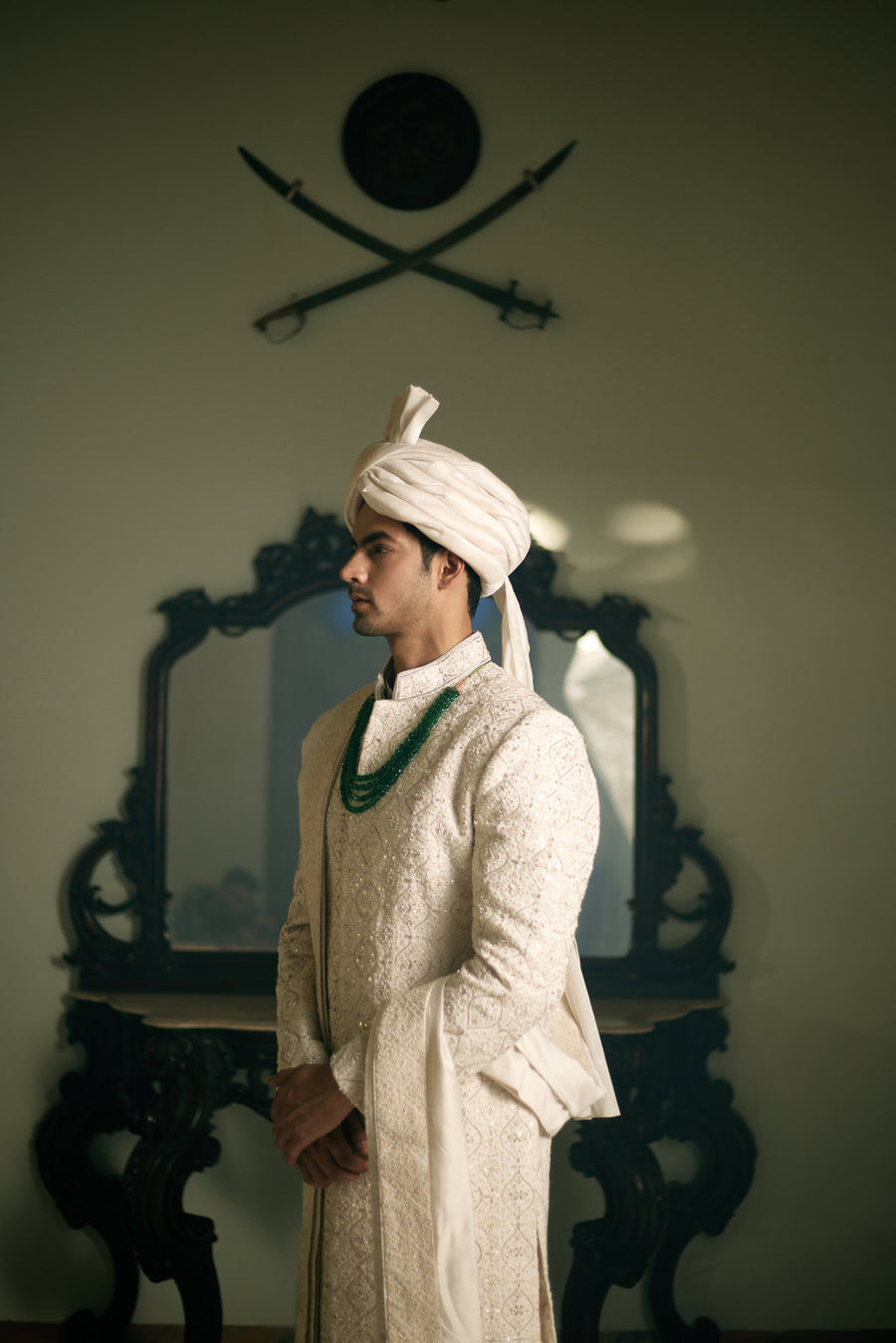 Off-White Hand-Embroidered Sherwani Set for Groom | Umerkot by AVK