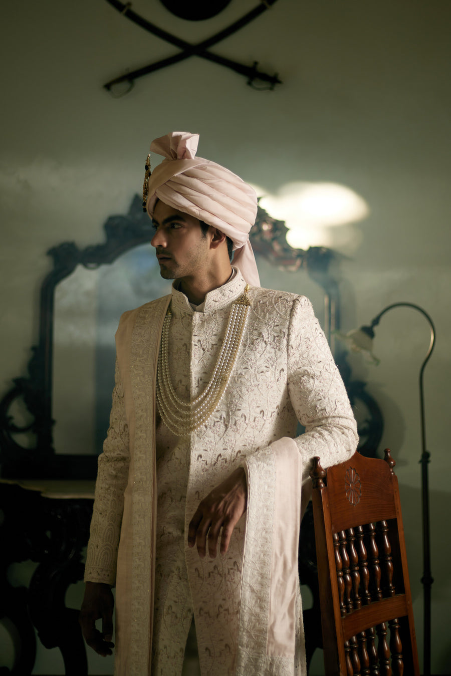 Ivory Hand & Machine Embroidered Sherwani Set for Wedding | Umrah by AVK