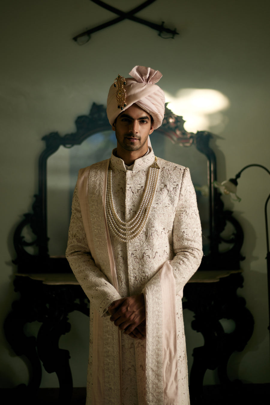 Ivory Hand & Machine Embroidered Sherwani Set for Wedding | Umrah by AVK