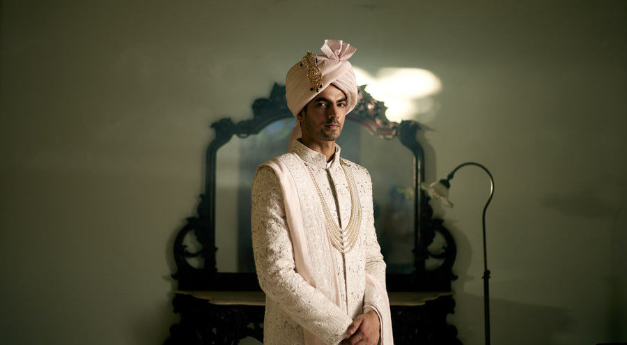 Ivory Hand & Machine Embroidered Sherwani Set for Wedding | Umrah by AVK