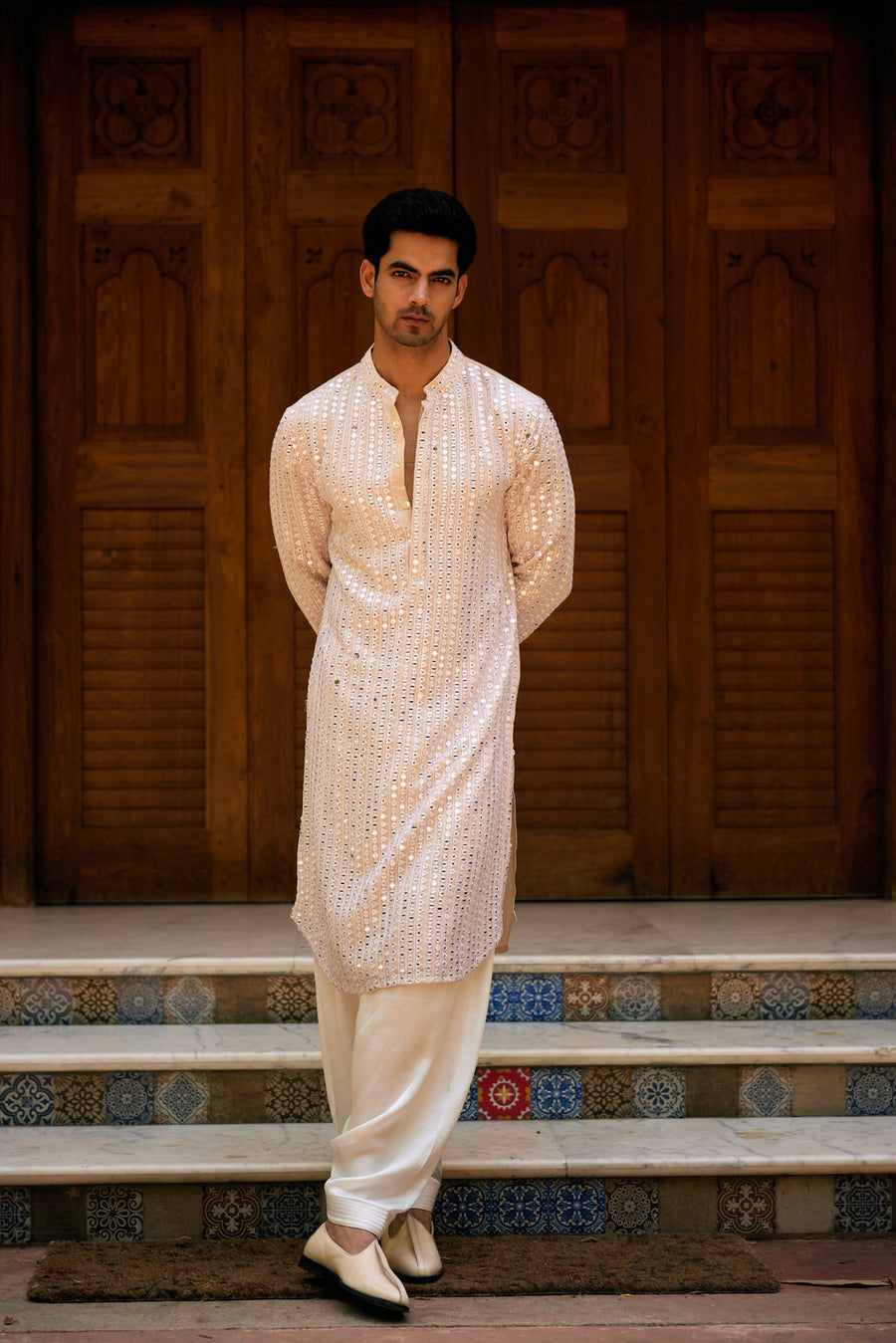 Champagne Gold Mirror Work Kurta Set for Men | Yasir by AVK