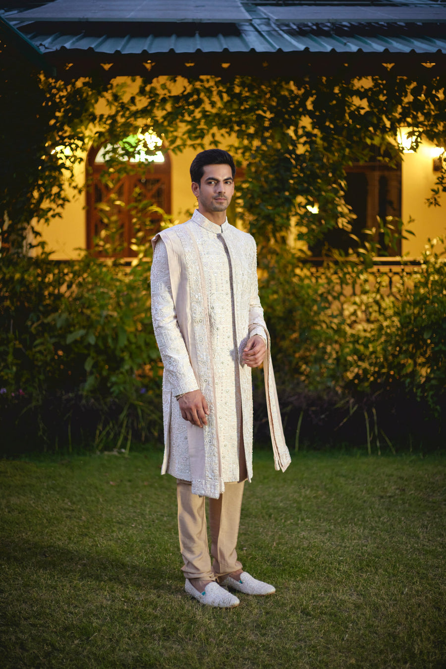 Beige & Ivory Hand-Embroidered Sherwani Set with Stole | Umair by AVK