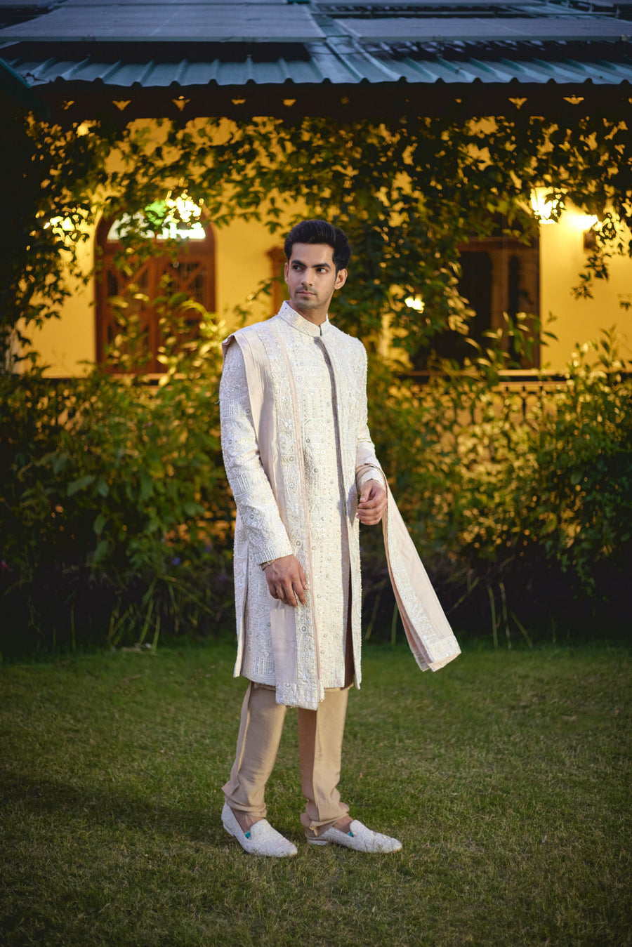Beige & Ivory Hand-Embroidered Sherwani Set with Stole | Umair by AVK