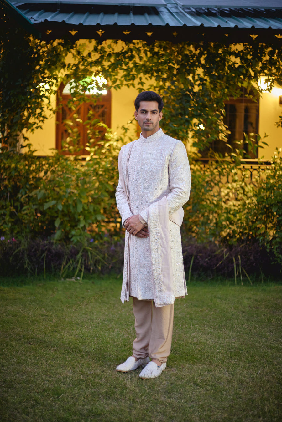 Beige & Ivory Hand-Embroidered Sherwani Set with Stole | Umair by AVK