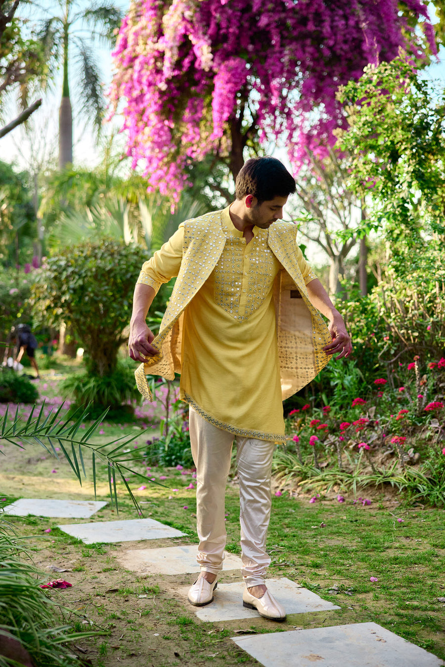 Handmade Yellow Bandi Kurta Set for Men - Jaisalmer Bandi Set