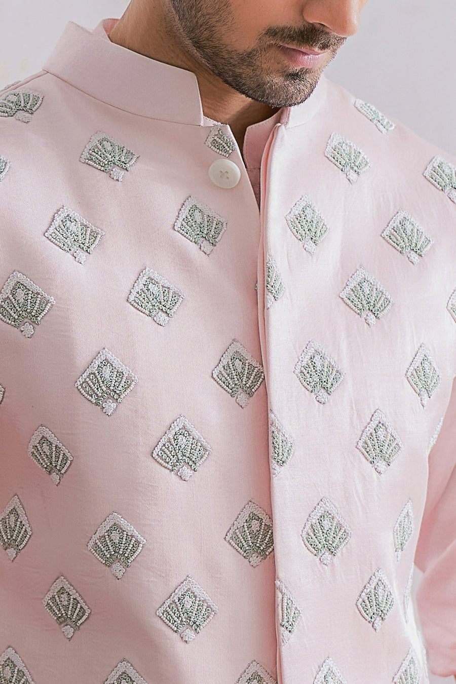 Powder Pink Kurta Bandi Set for Men - Hafizabad Bandi Set
