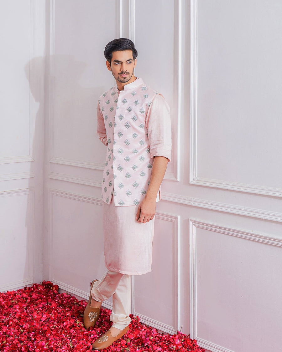 Powder Pink Kurta Bandi Set for Men - Hafizabad Bandi Set